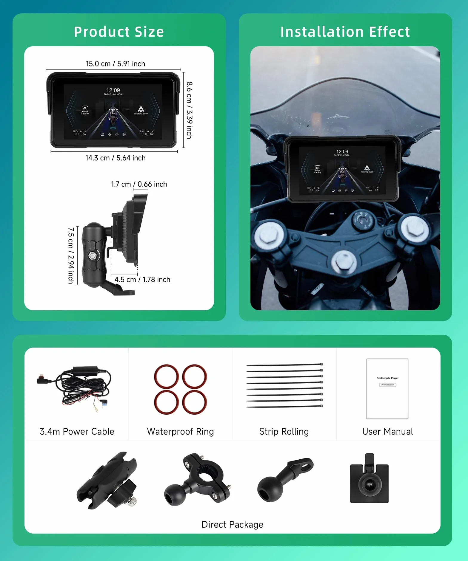 Navegación GPS Moto CarPlay y Android Auto Inalámbrico, Pantalla Táctil HD 5 Pulgadas IP68, Bluetooth