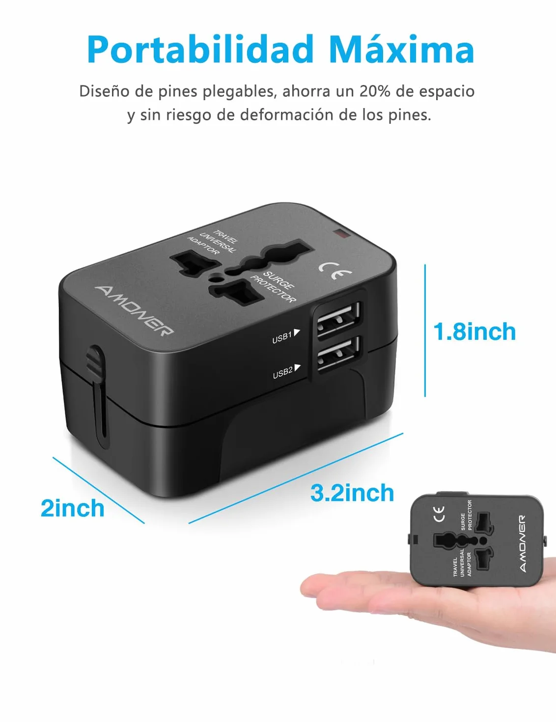 Amoner Adaptador Enchufe De Viaje Universal Enchufe Adaptador Internacional con Dos Puertos USB para USA Europa UK Irlanda Tailandia AU Japón China Canadá
