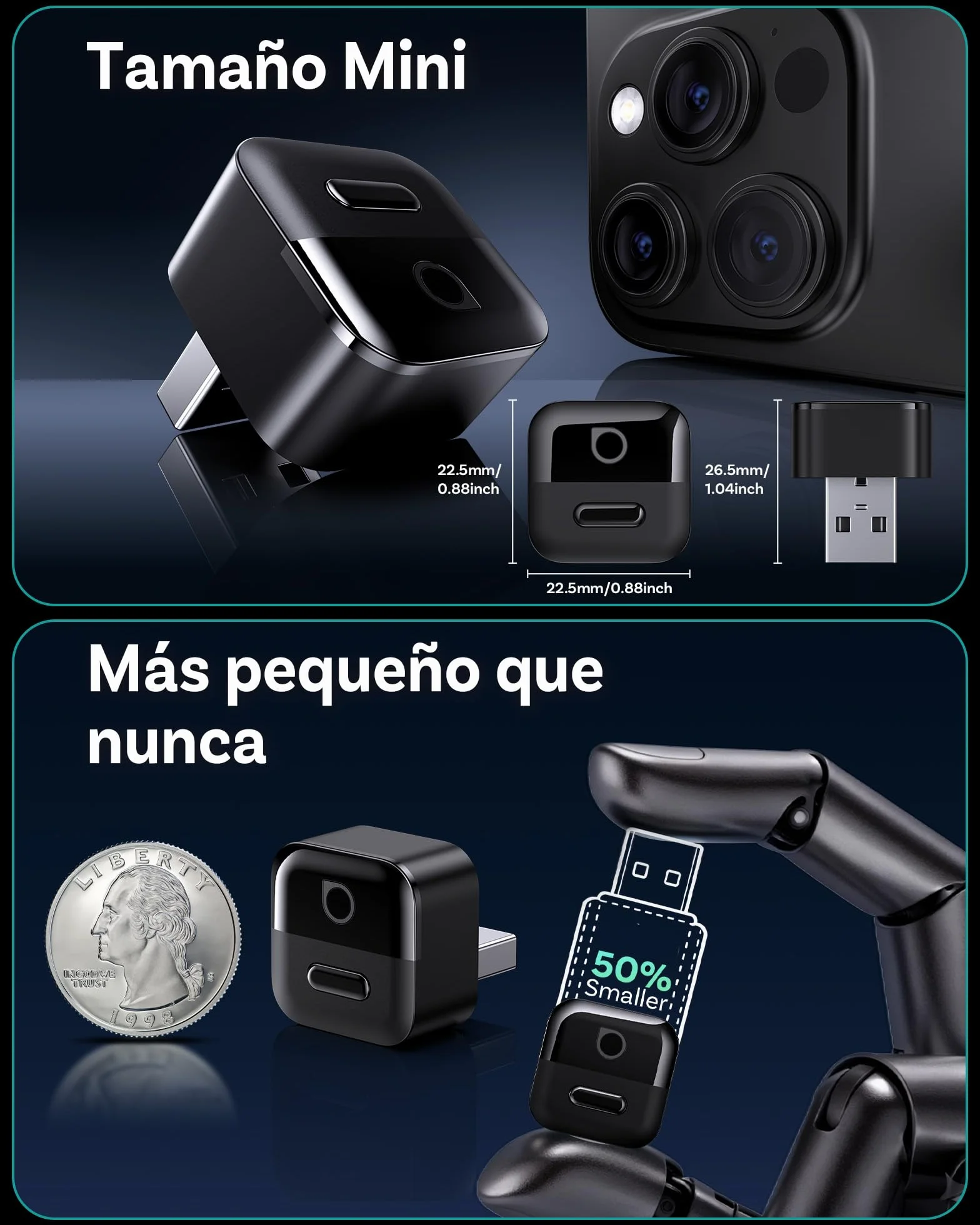 OTTOCAST Mini Pico 2026 Adaptador Inalámbrico CarPlay y Android Auto, Botón Inteligente, 5-8s Conexión Automática, USB-A/C, Actualización OTA, Conexión con Cable a Inalámbrica (iOS 10+/Android 11+)