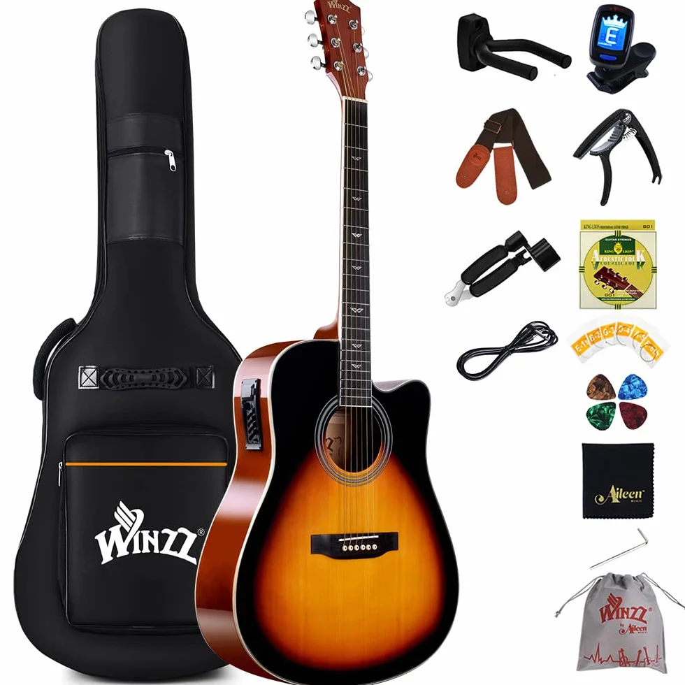 Winzz 4/4 Guitarra Electroacústica para Adultos, Guitarra Principiante Folk con Accesorios Completos（41 Pulgadas, Sunburst Brillante）