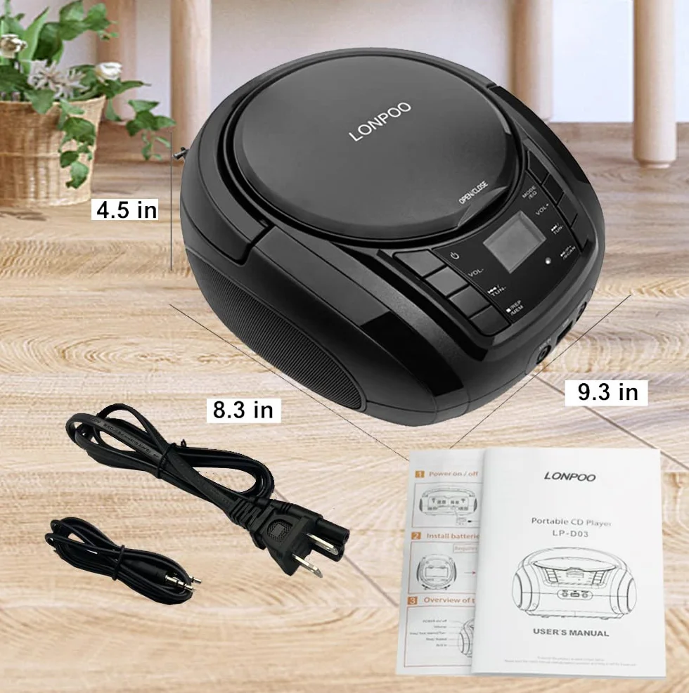 LONPOO Lectore de CD Portátil Boombox Reproductor Bluetooth/Radio FM/USB 2.0 / AUX-IN/Salida de Auriculares/Estéreo Altavoz /5 EQ