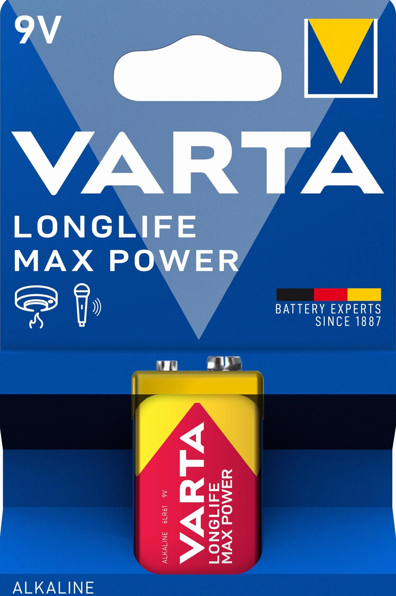 VARTA Pilas de 9V, paquete de 1, Longlife Max Power, Alcalina, para detectores de incendios, detectores de humo, micrófonos