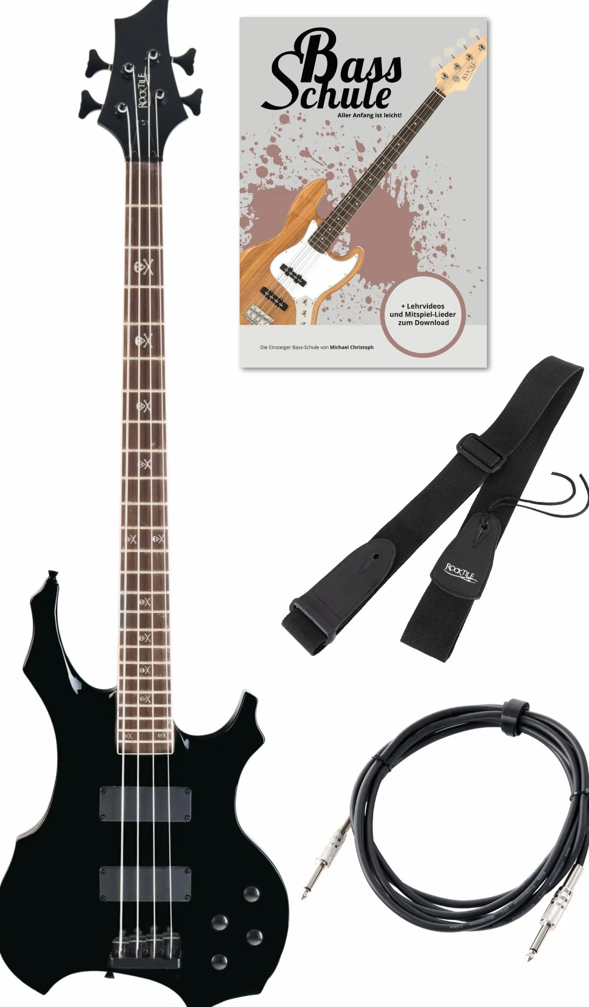 Rocktile Pro BB104-B BattleBone Set de Bajo Eléctrico - Bajo en Diseño Heavy con 2 Pastillas y 2 Controles de Tono - Incluye Correa para Guitarra, Cable y Escuela de Bajo - Negro