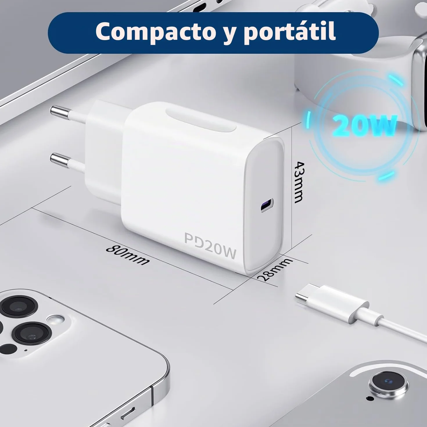 Cargador USB C 20 W 2 Paquetes Enchufe USB C Rápido Cable USBC 2x2m para iPhone 16 15 Pro MAX Samsung Galaxy iPad Huawei Xiaomi