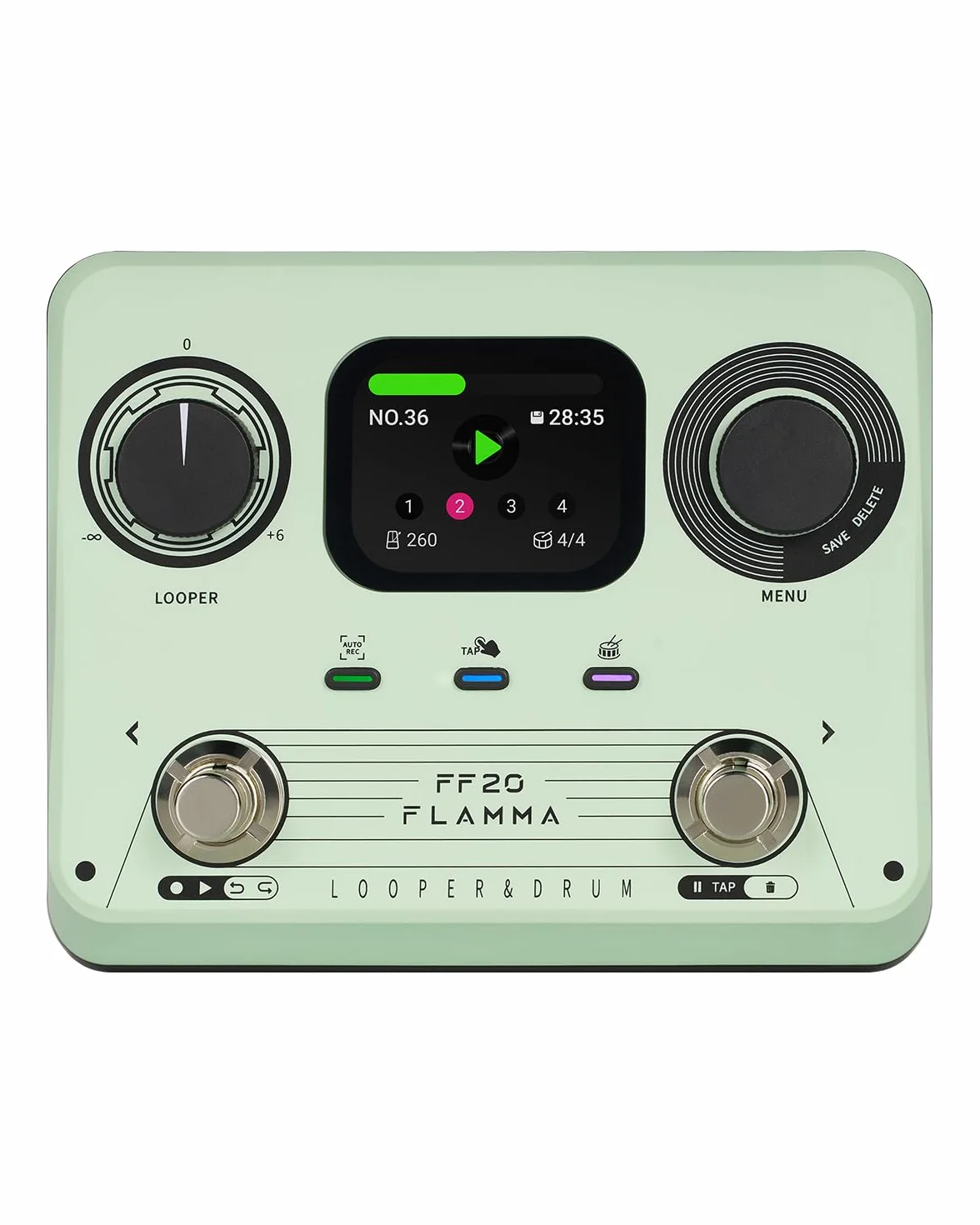 FLAMMA FF20 Looper Pedal Drum Machine, pedal de guitarra con pantalla, grabación de 300 minutos, 220 ranuras de tambor, 100 ranuras de bucle, estiramiento de tiempo, grabación automática, USB y salida