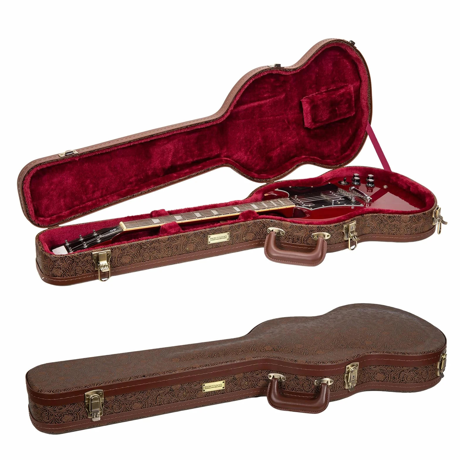 Crossrock Designer Series - Funda de Madera para Guitarras eléctricas Gibson SG, Cerradura de Seguridad, Patas de Metal, Espacio de Almacenamiento, Color marrón Flor (CRW530SGBQ), Marrón Flor, SG