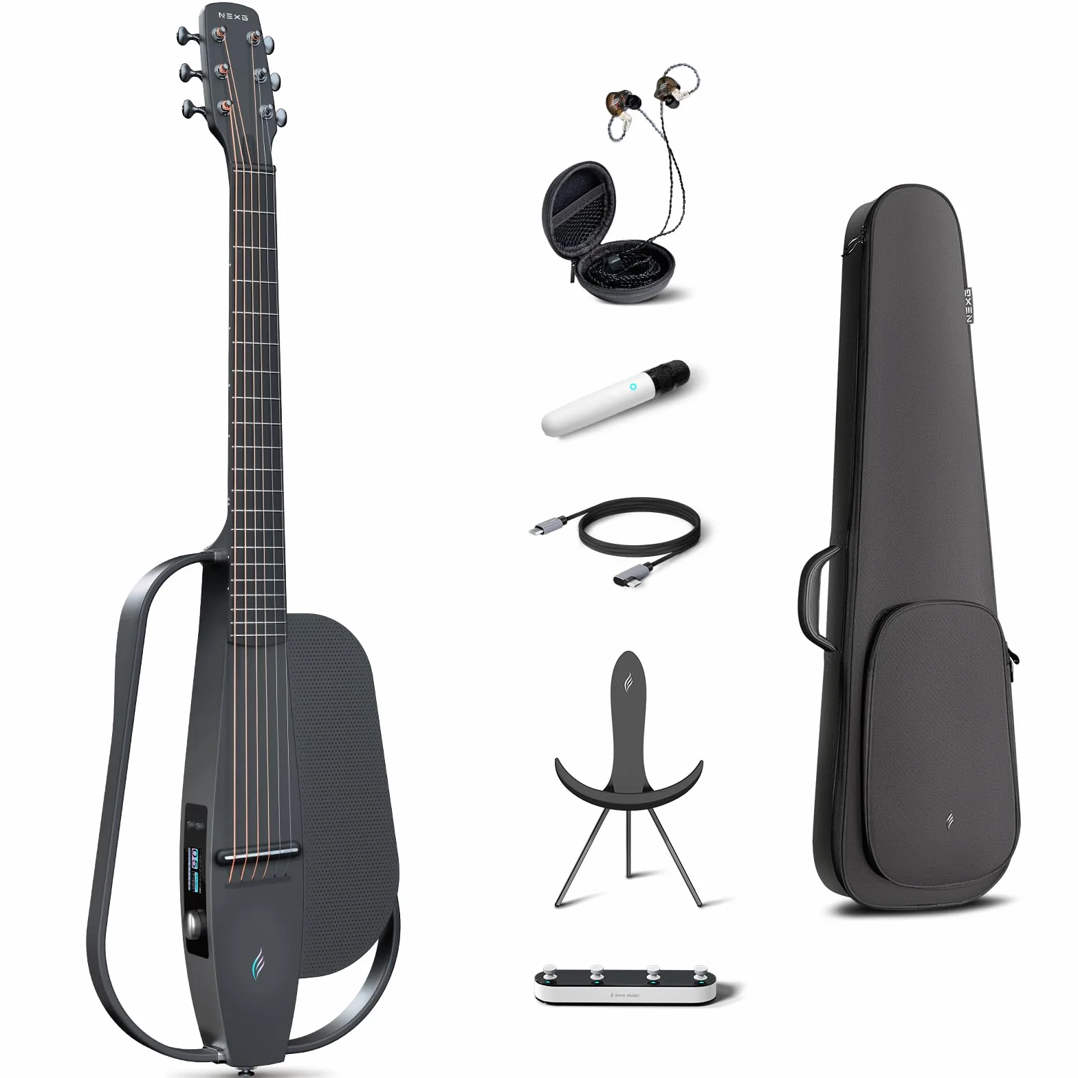 Enya NEXG2 Guitarra Eléctrica Acústica - Guitarra Pro de Fibra de Carbono Negra 38 Pulgadas para Niño Adulto con Altavoz Inalámbrico 80 W Micrófono Auriculares Hi-Fi Pedal Cargador y Funda