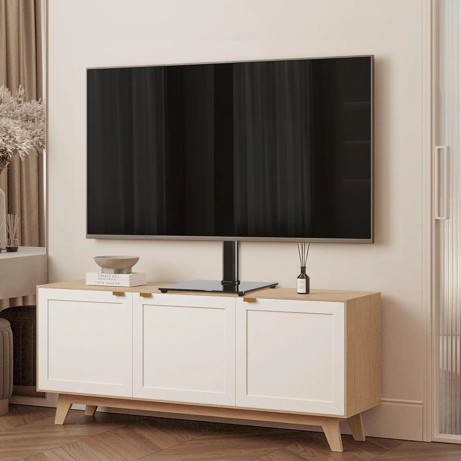 Suptek Soporte TV Pie para Mesa: Base de TV 26-55 Pulgadas Vidrio Templado 8mm Giratorio ±50° Altura Ajustable 45kg VESA 400x400mm