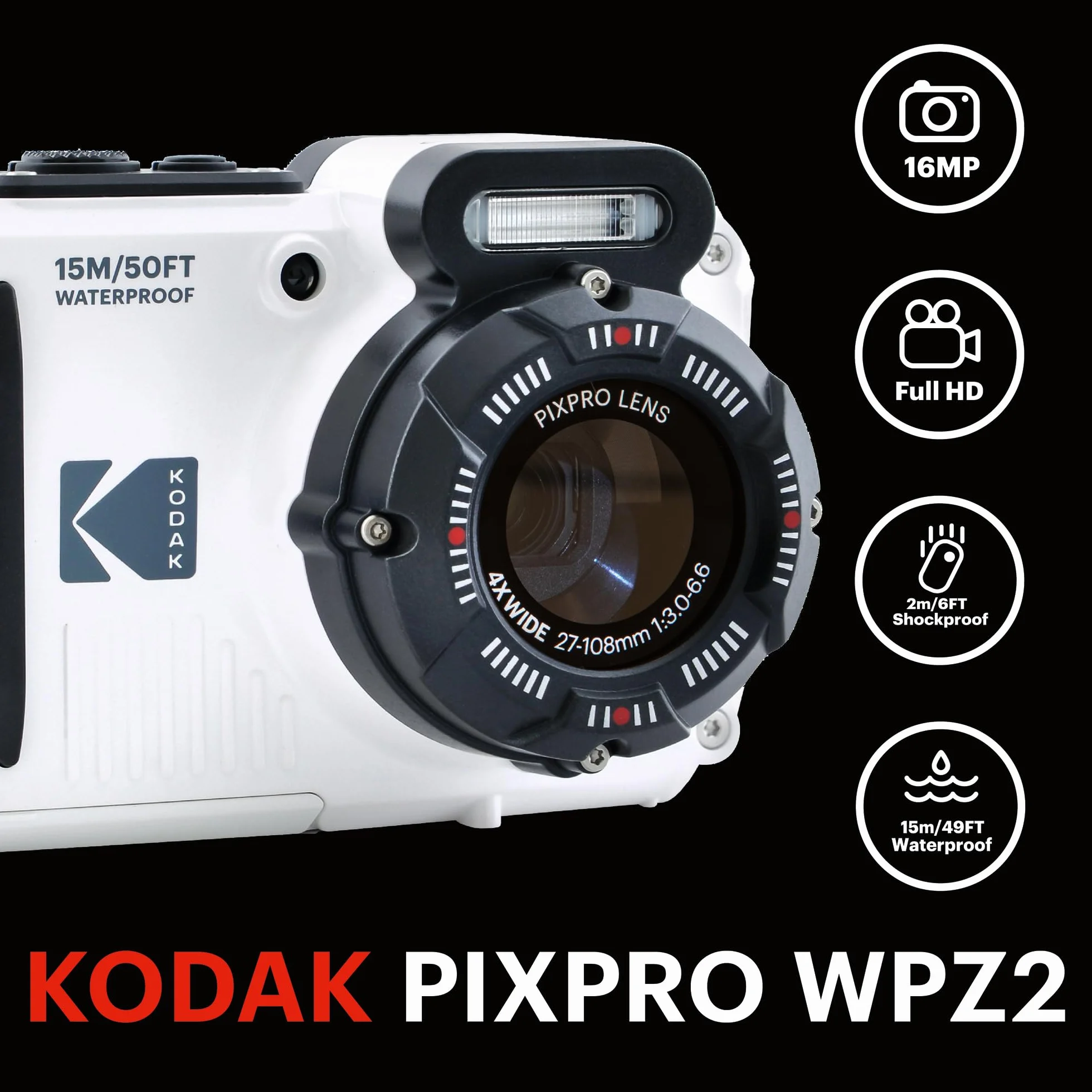 KODAK Pixpro Pack WPZ2 + 1 Tarjeta SD Compact 16M Pixels, Impermeable a 15 m, antigolpes, vídeo 720p, Pantalla LCD 2,7 – Batería Li-Ion – Blanco – Blanco