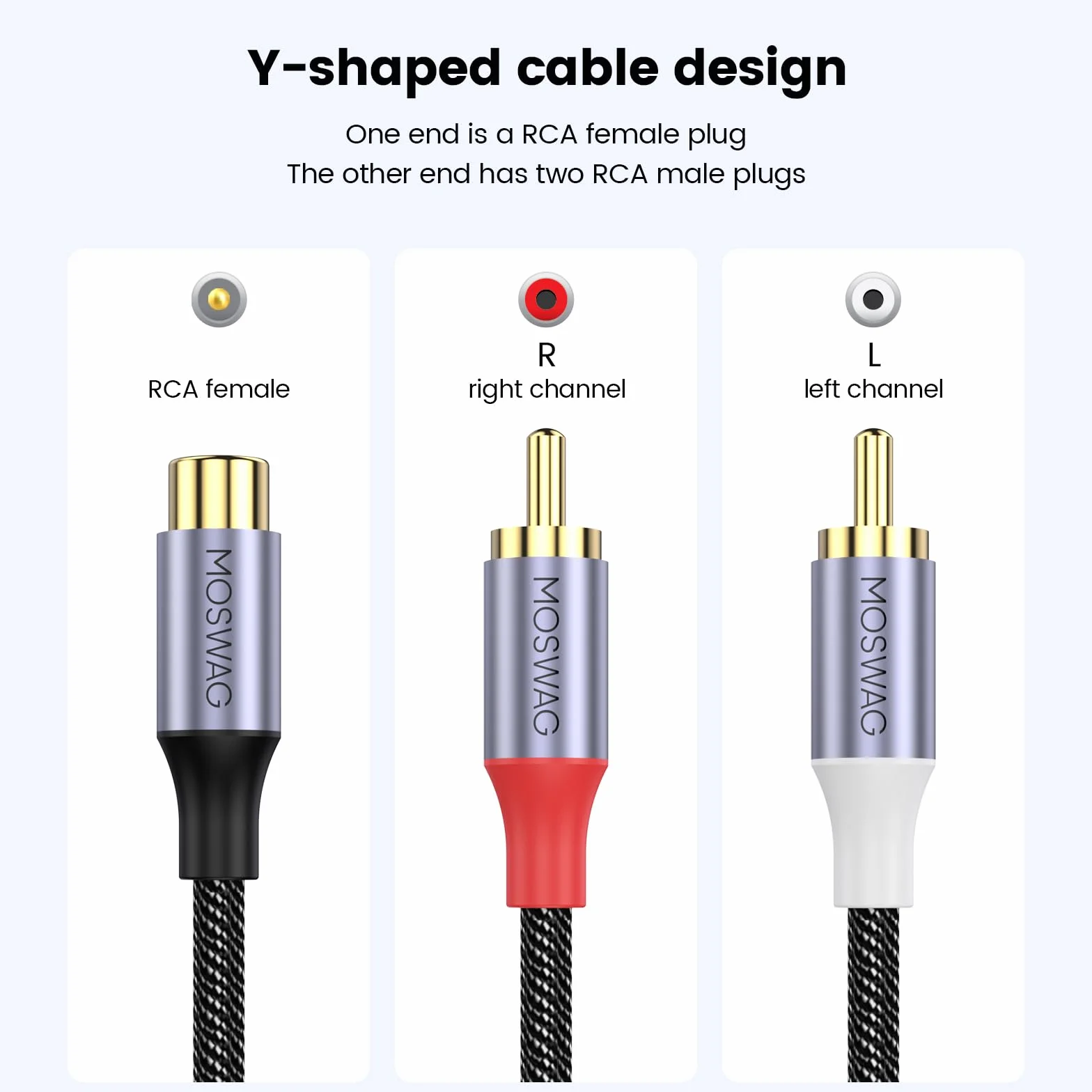 MOSWAG Divisor RCA de 1 hembra a 2 macho, 2 unidades, RCA Y Splitter Audio Video Cable adaptador divisor para amplificadores, consolas de juegos, reproductor de CD, subwoofer, cine en casa, HDTV