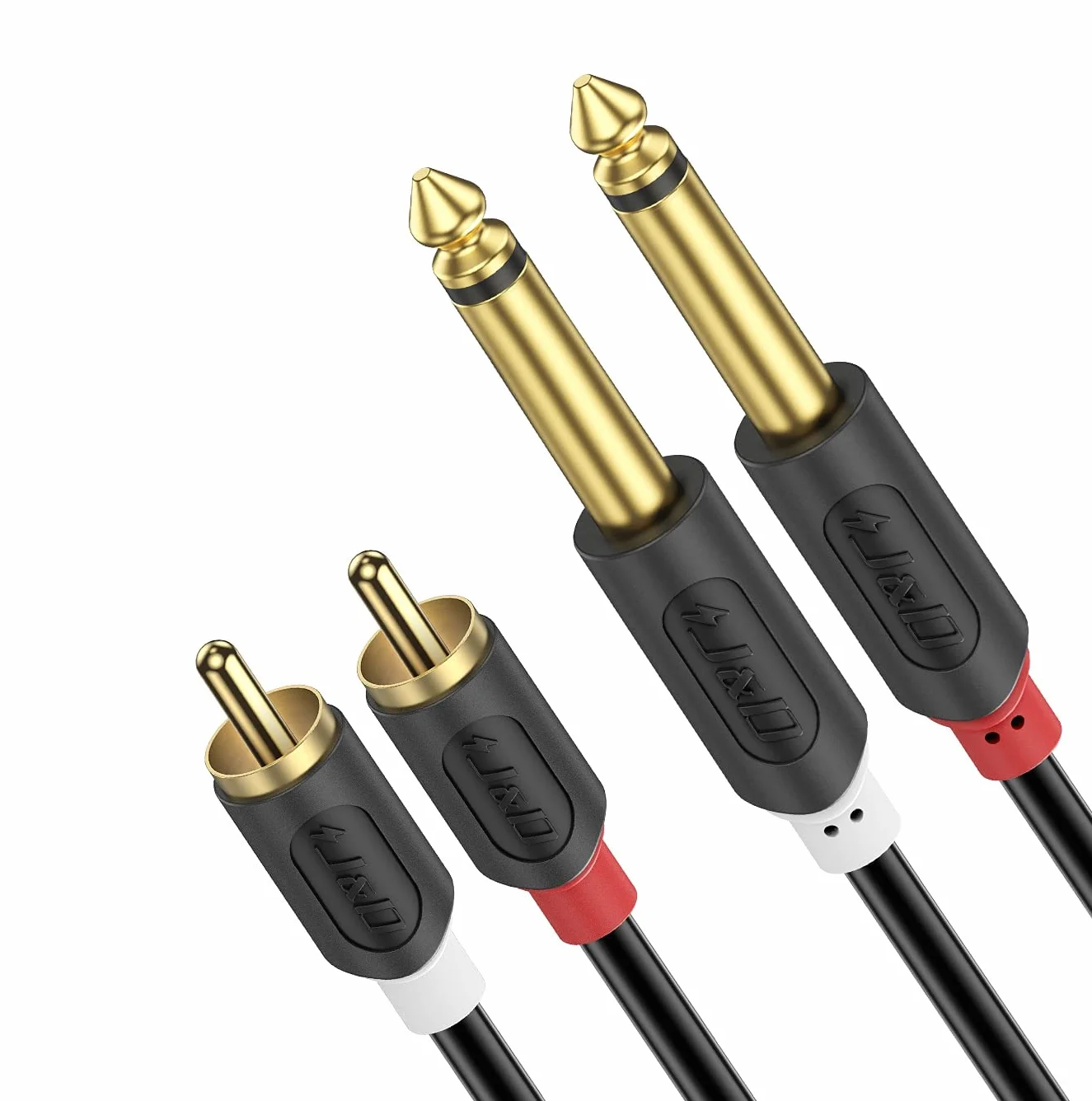 J&D Cable de RCA a Jack TS 6.3 mm 1.8M, Chapado en Oro [Audiowave Series] 2 x 6,3 mm 1/4'' Macho TS a 2 RCA Macho Cáscara de Estéreo Adaptador de Audio y Divisor RCA Cable