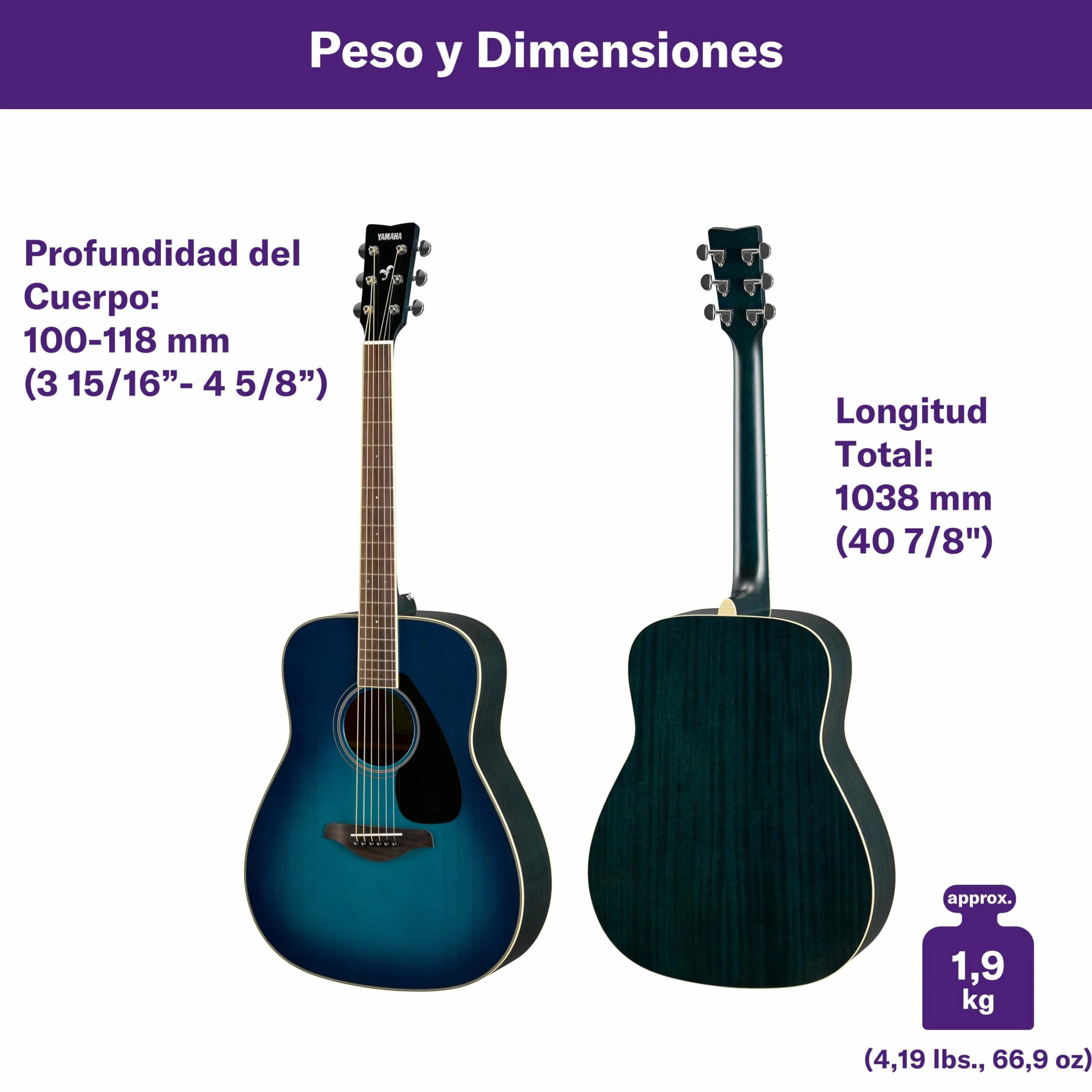 YAMAHA FG820 Guitarra Acústica – Cuerpo Dreadnought Tamaño Completo, Escala 24,96″, Tapa Maciza de Abeto, Fondo y Aros de Caoba, Diapasón de Palisandro, Cuerdas de Acero – Sunset Blue