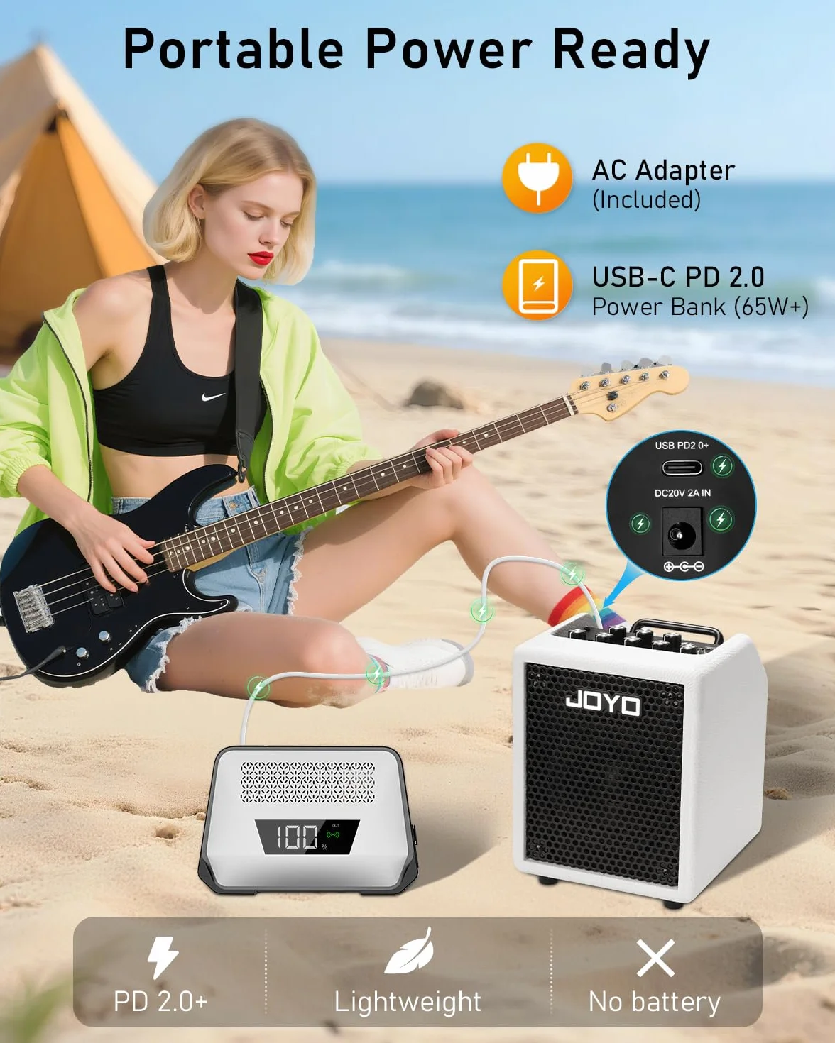 Joyo - Amplificador combinado de bajo 30 W portátil – altavoz de 4 pulgadas, EQ 3 bandas y compresor | Bluetooth 5.1 + grabación OTG, salida de auriculares para práctica solo (Vibe Cube BA-30, blanco)