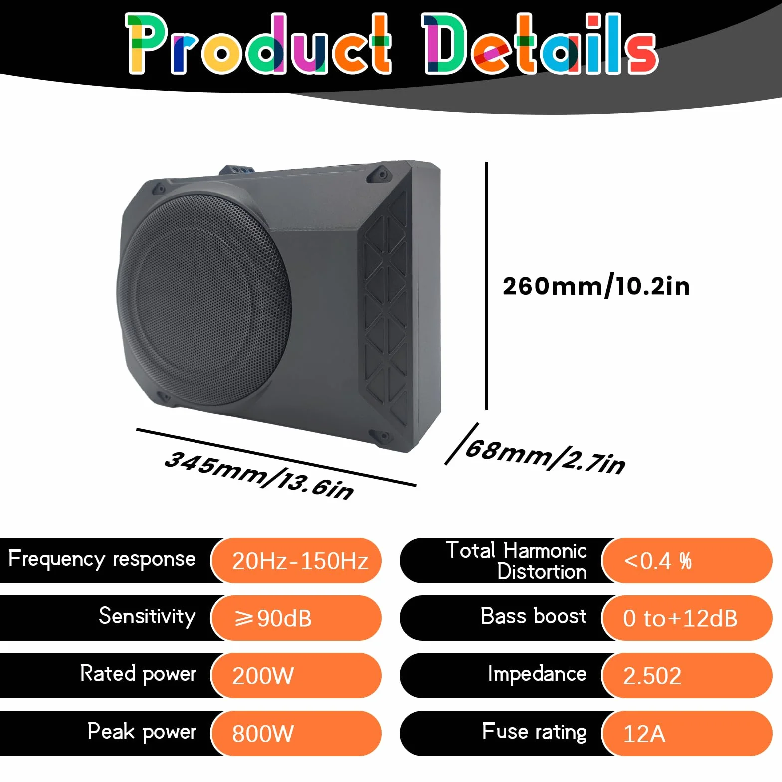 Subwoofer Activo 10 Pulgadas 800 W Autoamplificado Debajo del Asiento Cerrado Alto Rendimiento