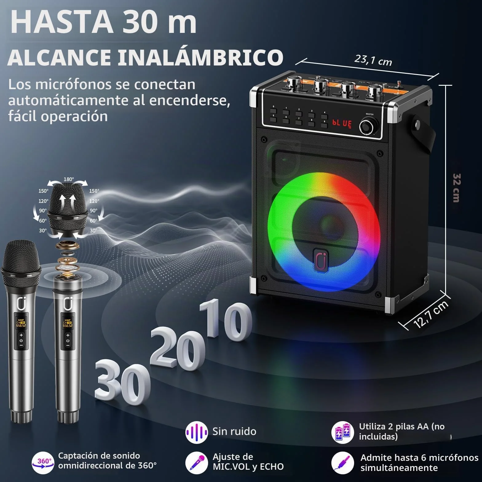 JYX Máquina de karaoke con dos micrófonos inalámbricos, ajuste de bajos/agudos y luz LED, soporte TWS, entrada AUX, radio FM, REC, suministro para fiesta/reunión/boda - negro