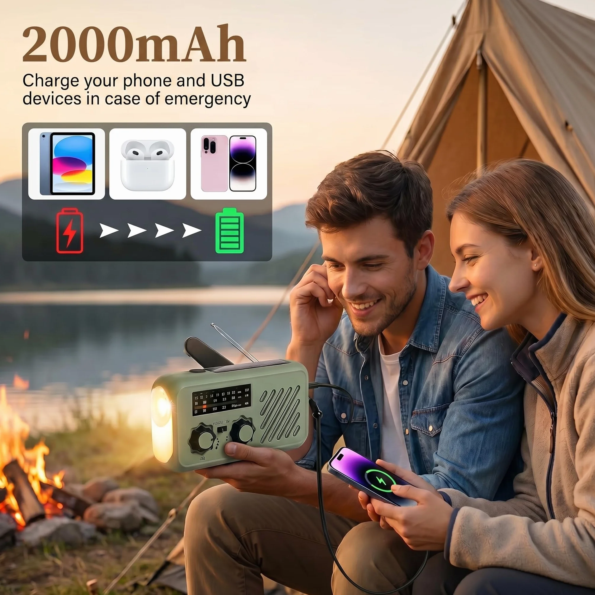 Radio de Emergencia Solar y Manivela, Radio FM/Am Portátil con Linterna LED, Luz de Lectura y Powerbank 2000mAh – Ideal para Cortes de Luz, Camping, Acampada y Regalos para Hombre