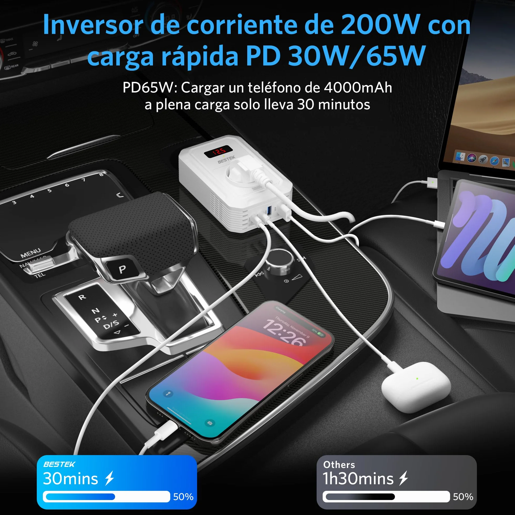 BESTEK Inversor 12v 220v Onda Pura 200W,Transformador 12V a 220V Convertidor Onda con 2 AC Tomas Y 2 USB-C (65 W y 30 W) 2 USB-QC (18 W) sinusoidal con Protección para Barco,Caravana,Coche（Negro）
