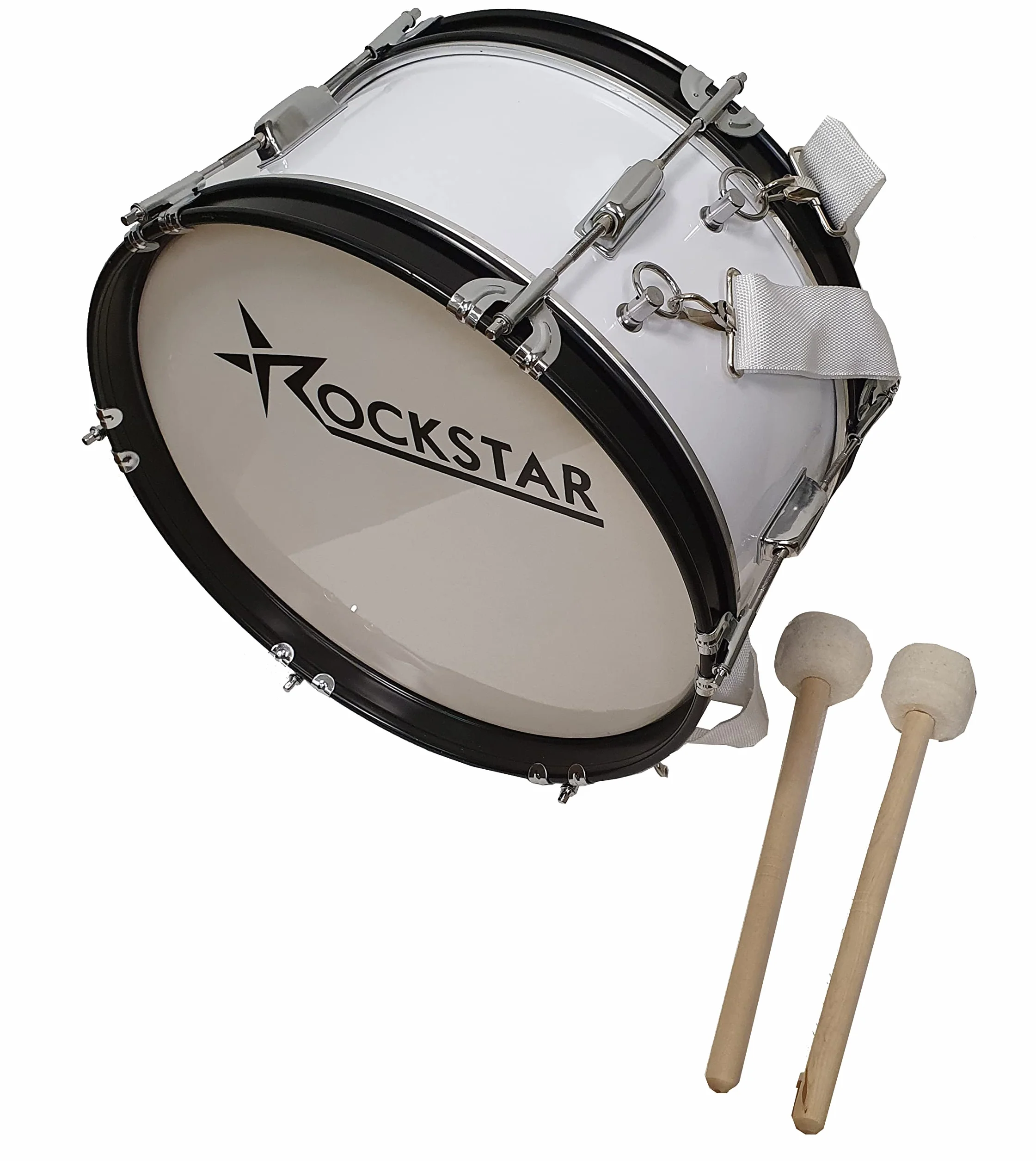 ROCKSTAR - Bombo Charanga Banda y Animación 16"x7" (41cm x 18cm) Maza y Correa Cruzada. Sonido Potente y Duradero