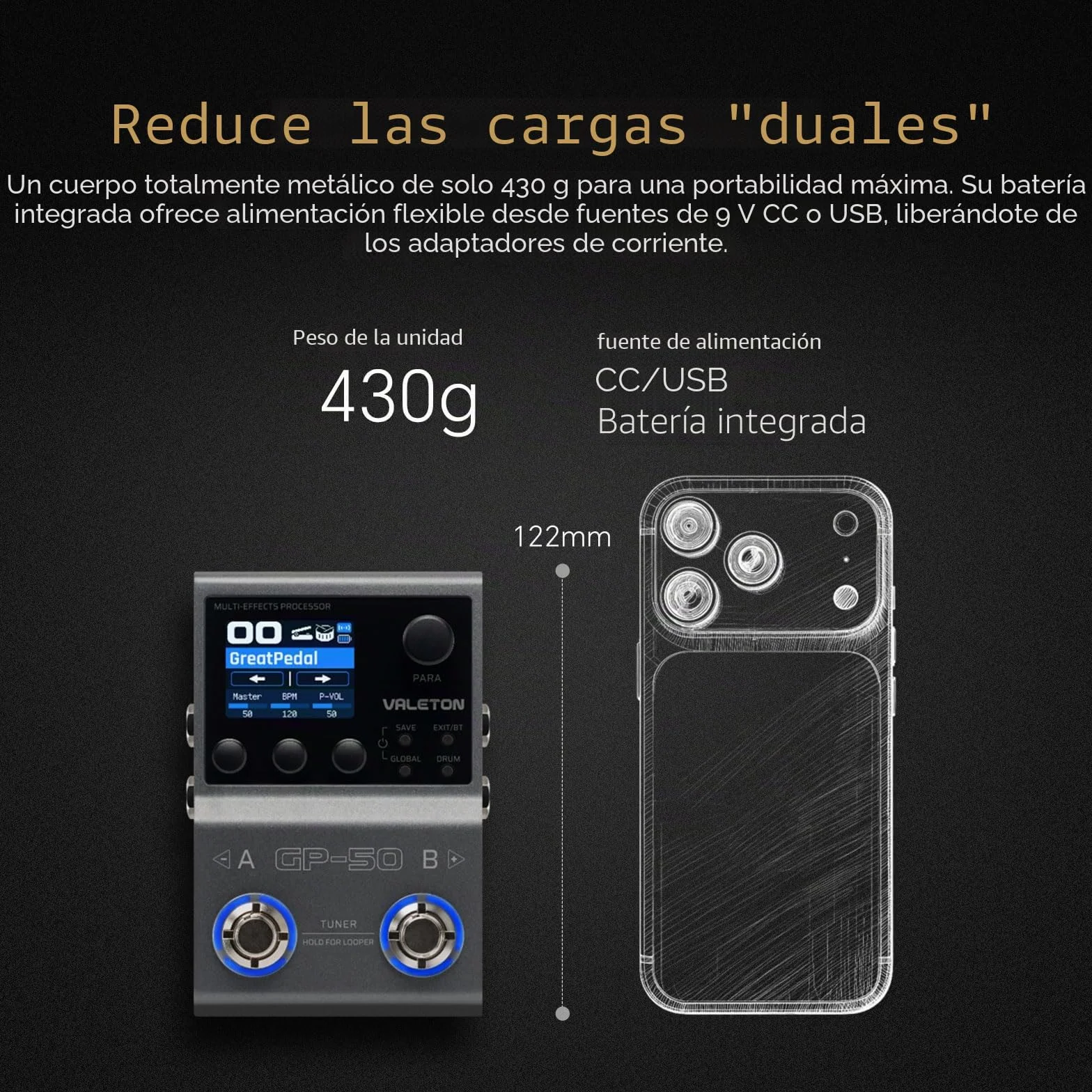 VALETON Procesador de Múltiples Efectos y Cargador NAM/IR con 100+ Efectos HD, 9 Módulos Simultáneos, Control por App BT, 100 Slots para Patches para Guitarra y Bajo GP-50