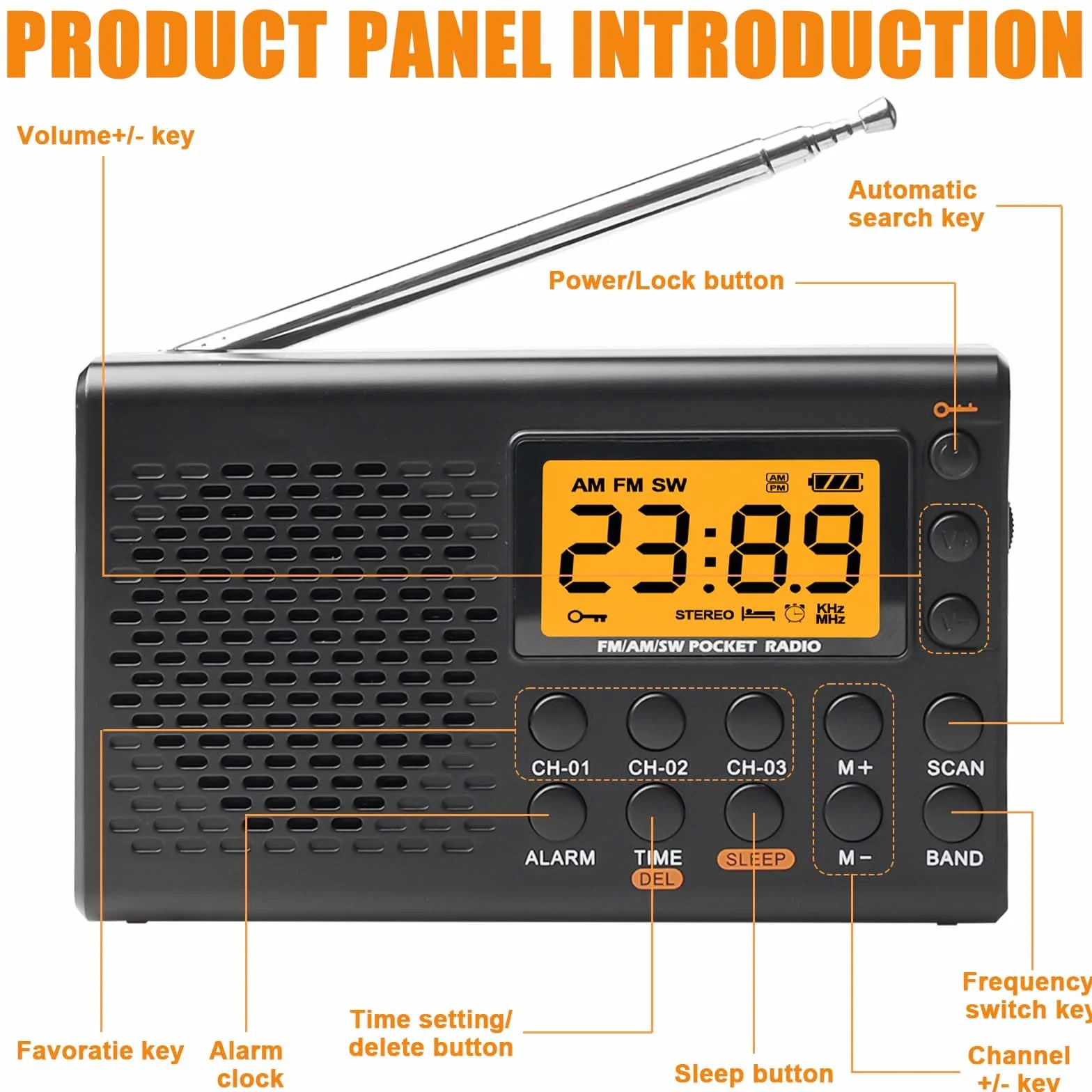 Radio portátil Am/FM/SW con Pantalla LCD, Funciona con Pilas, Altavoz Integrado, Alarma, Temporizador de Apagado automático, Conector para Auriculares, Radio de Cocina con 35 presintonías.