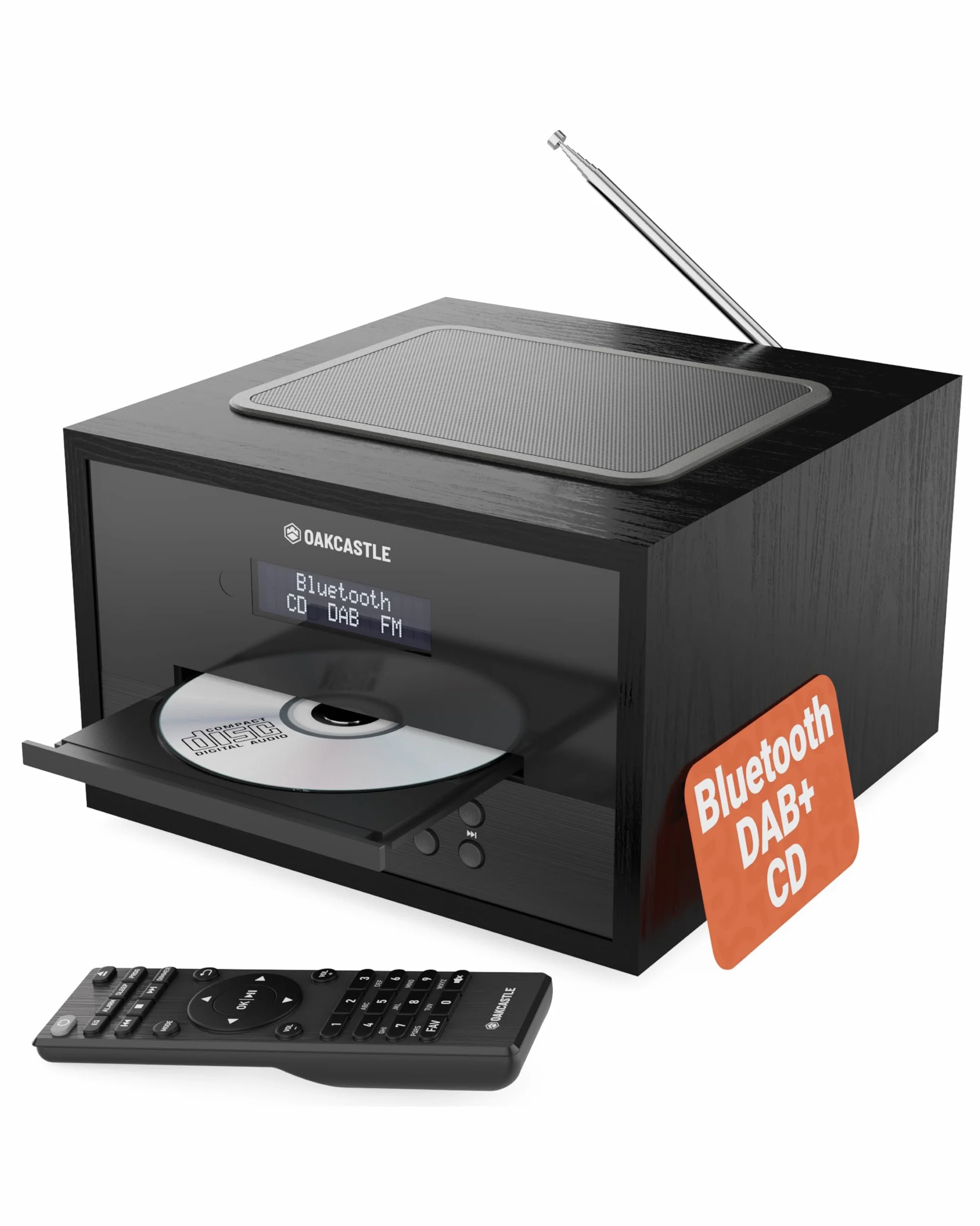 Reproductor de CD | Microcadena HiFi Bluetooth con Radio Dab+ y FM | Equipo de Música con Altavoces 40W y Doble Alarma | USB (Solo reproducción), AUX, Mando a Distancia | Oakcastle DAB400