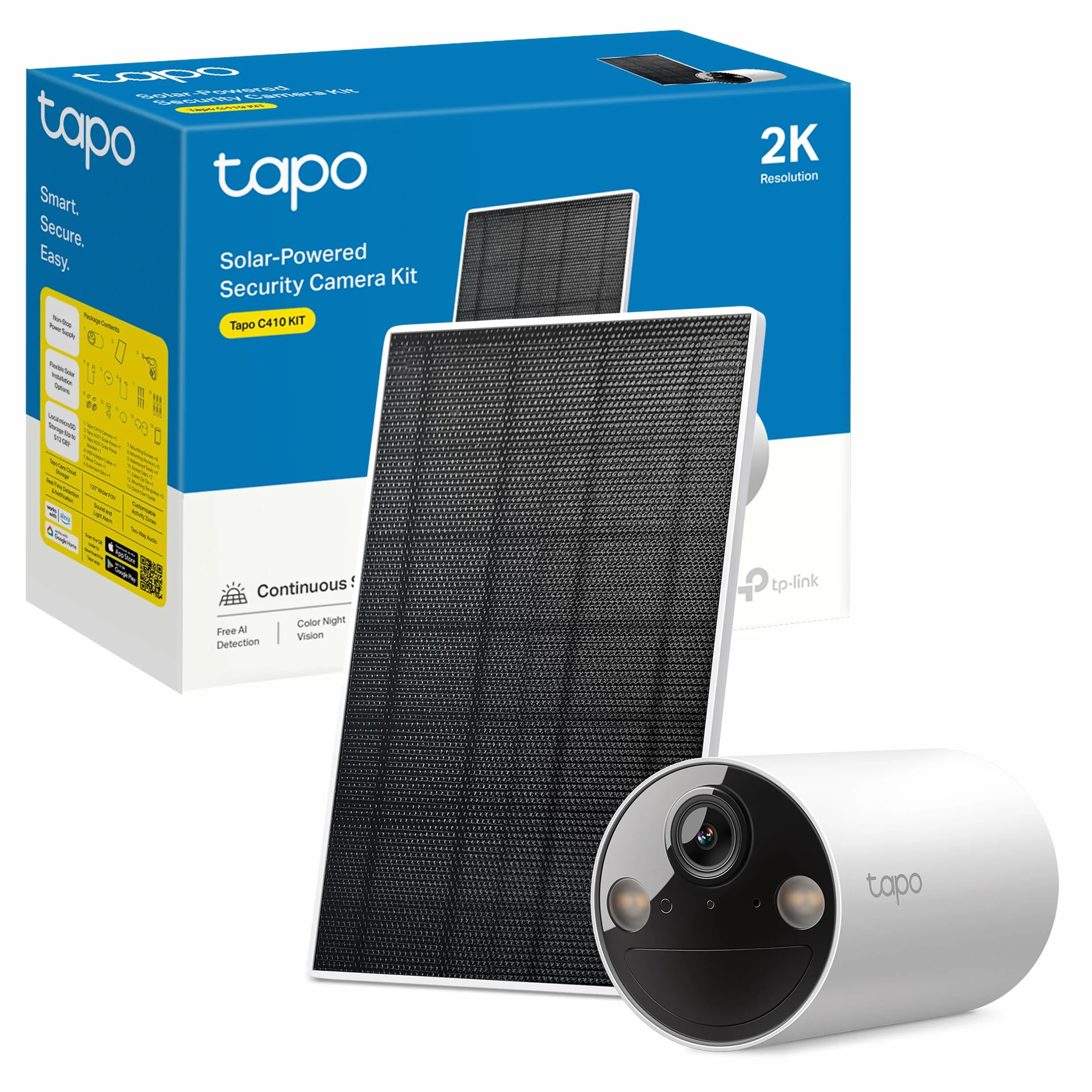 Tapo C410 Kit - Cámara de vigilancia Solar con batería Exterior, Detección de Personas por IA, 2K 3 MP, visión Nocturna de Color, Memoria microSD, batería no extraíble de 6400mAh, Audio bidireccional