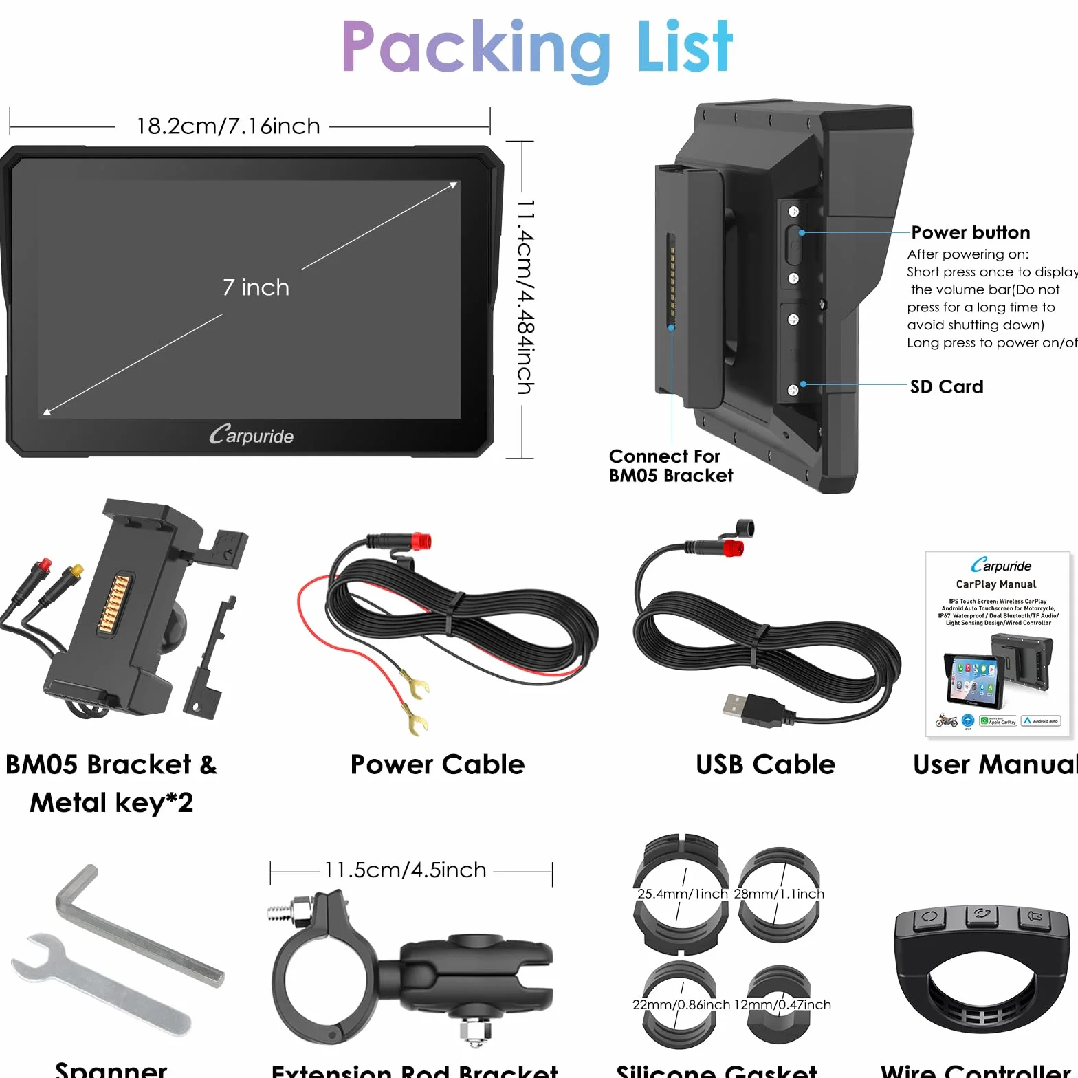 CARPURIDE W702S Motocicleta CarPlay Pantalla con BM05 Soporte para Conectar y Usar, Inalámbrico CarPlay y Android Auto, 7" Impermeable Táctilpantalla, Bluetooth Trans, Control con Cable, Navegación.