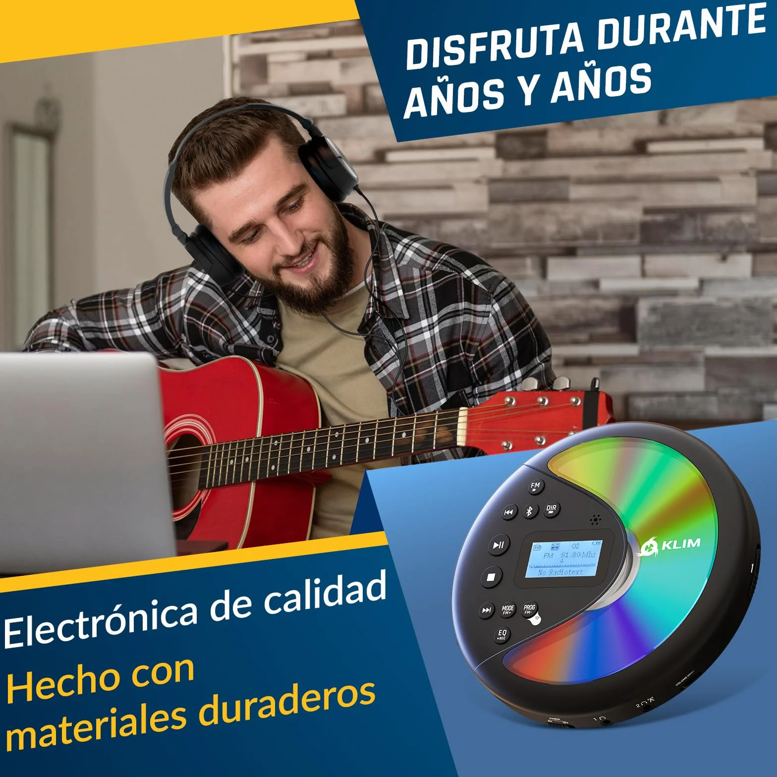 KLIM Discover con Auriculares - Reproductor de CD Portátil - Discman con batería de Larga duración - Radio FM Portátil Compatible MP3, SD Card, Bluetooth - Ideal para Coches