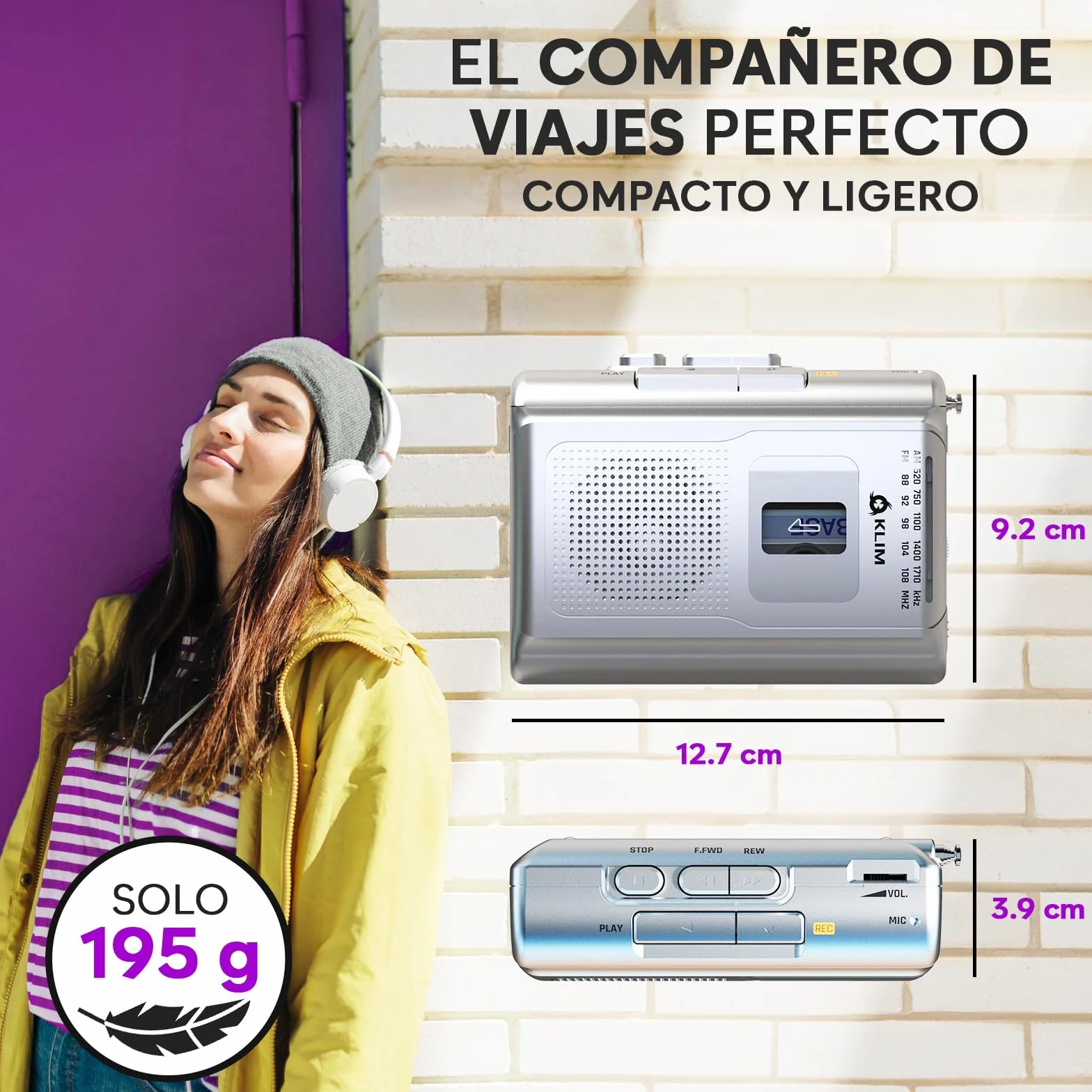 KLIM K8 Reproductor Cassette - Radio AM/FM - Micrófono y Altavoz Integrados - Plata
