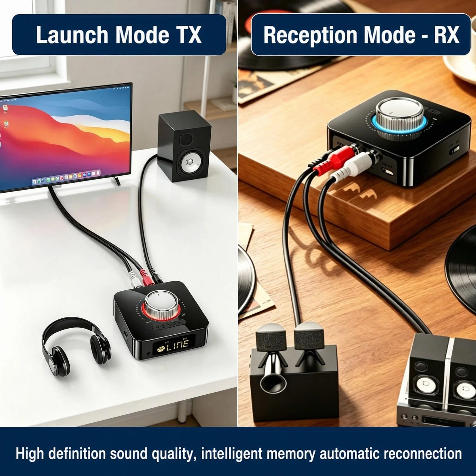 Receptor Bluetooth 6.0 HiFi, Emisor Receptor Audio con Pantalla LED, 2RCA y AUX 3.5mm, Lectura USB/TF, Manos Libres, Mando a Distancia para Equipo de Música, Coche, TV, Altavoces y Amplificador, PC