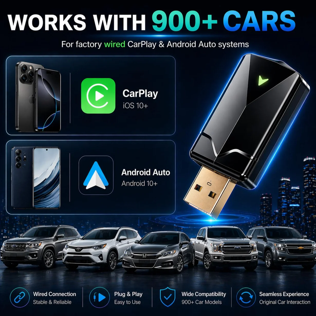Adaptador CarPlay Inalámbrico, Android Auto Inalámbrico Wi-Fi 5,8GHz Plug & Play, iOS 10+ Android 10+, Conexión Rápida para Coches 2016+
