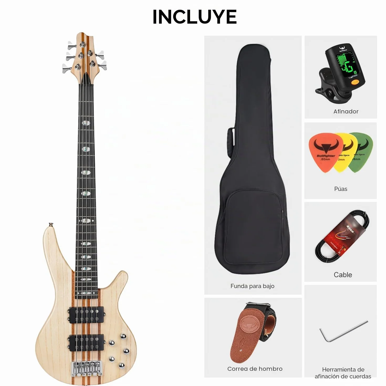 Bajo eléctrico 5 cuerdas de tamaño completo P bass kit para principiantes negro con bolsa de concierto, correa de guitarra y cable de guitarra (5s)