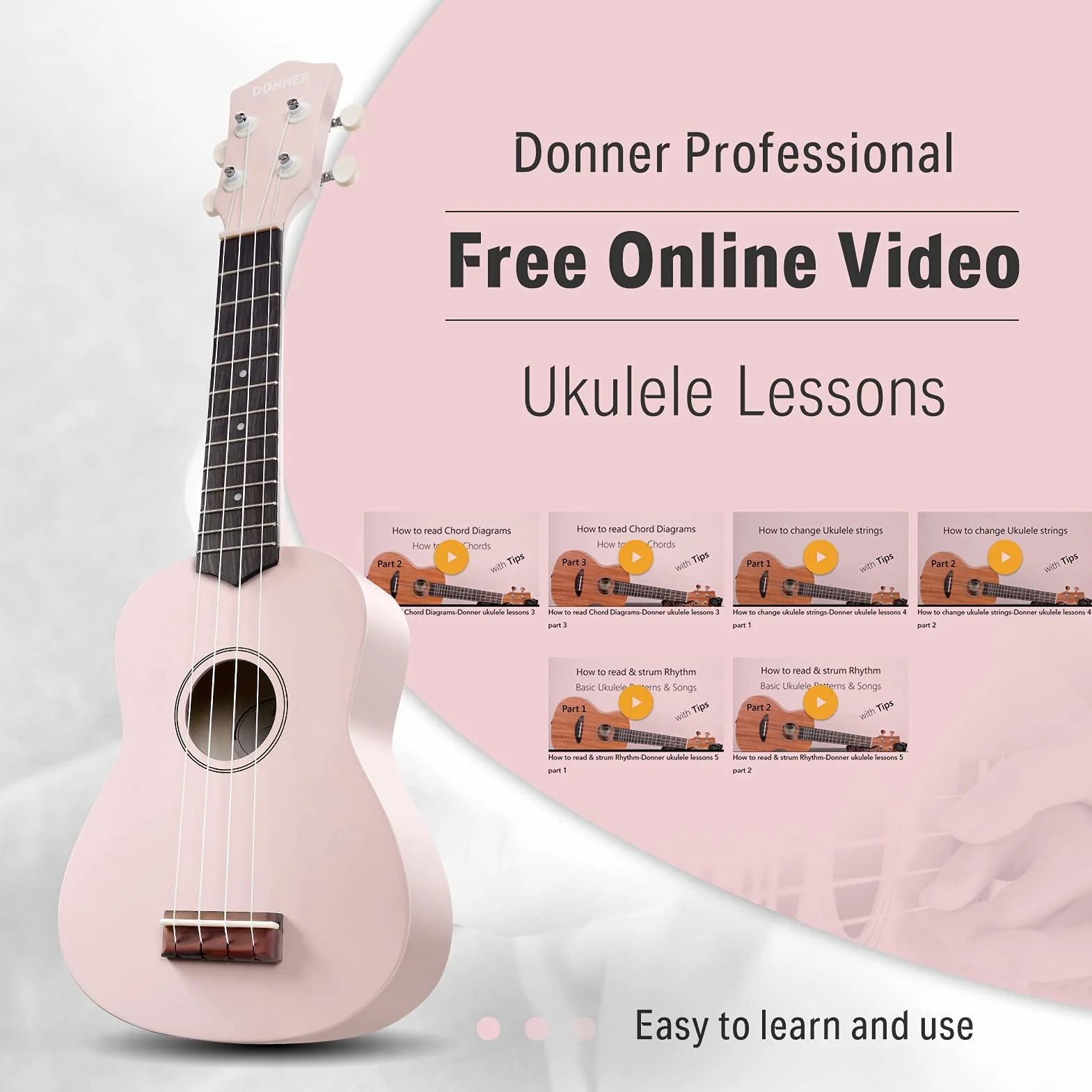 Donner Ukelele Soprano para Principiantes y Adultos, Ukulele Kit 21 Pulgadas Niños con Bolso, Correa, Afinador, Paño de Pulido con Online Inglés Lección (Rosa)