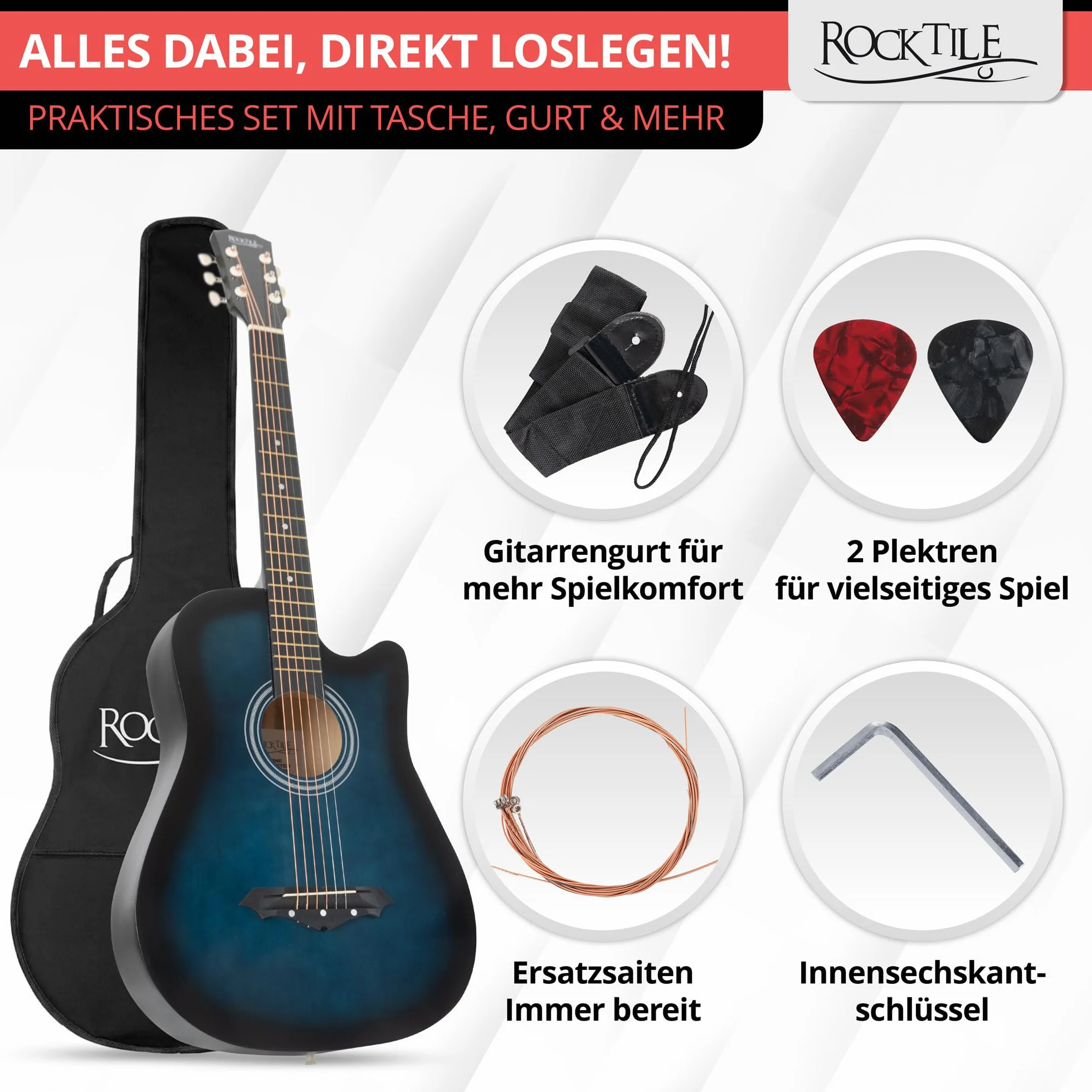 Rocktile WSD-5C-BUB Slim Line Set De Guitarras Western - Guitarra Acústica Dreadnought - Cuerpo De Tilo - Mástil: Catalpa - Set Incluye Funda, Cuerdas De Repuesto, Correa Y Púas - Blueburst
