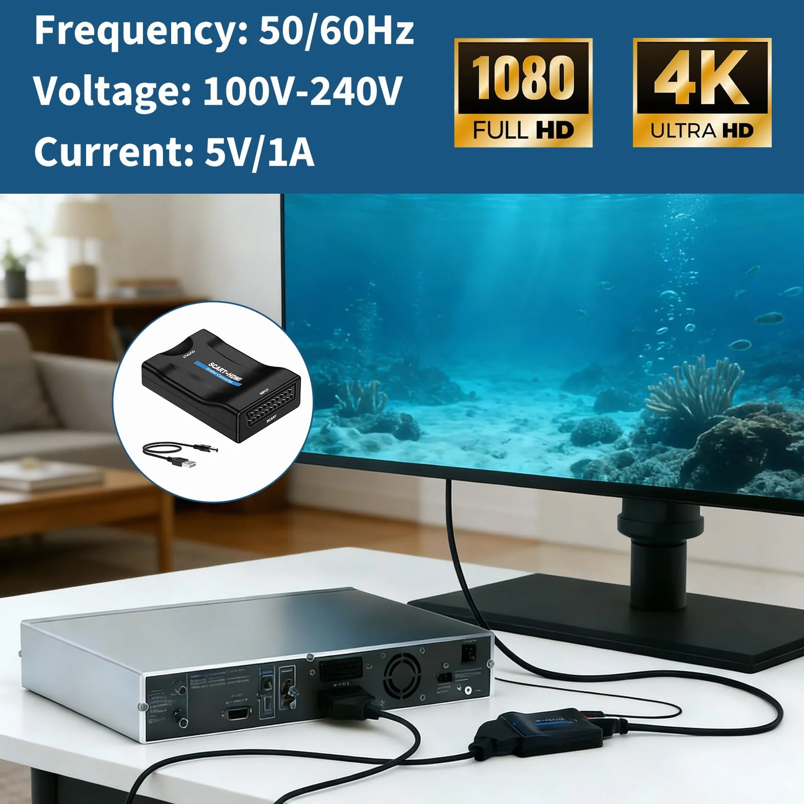 Adaptador de Euroconector a HDMI 4K, Convertidor Scart a HDMI 1080p con Entrada PAL NTSC, Soporta Resolución 720P/1080P, Compatible con Reproductores DVD, VHS, Consolas Retro, TV y Proyectores