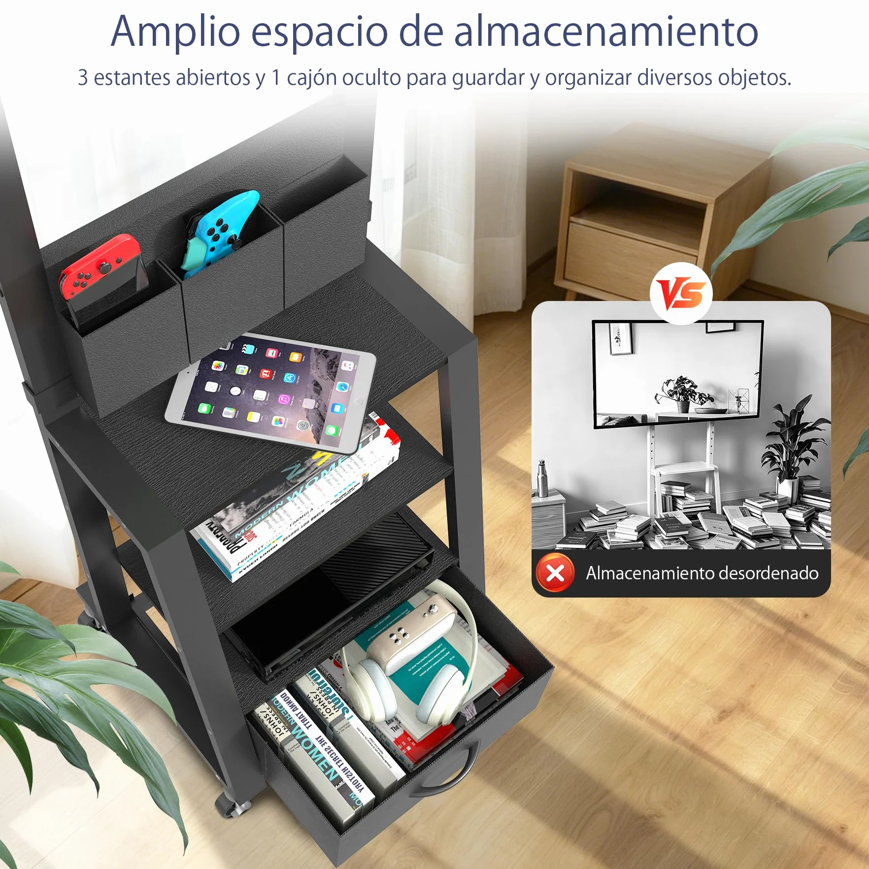 Carrito para TV con soporte móvil, ajustable 23-60", 72kg, VESA 400x400mm, negro