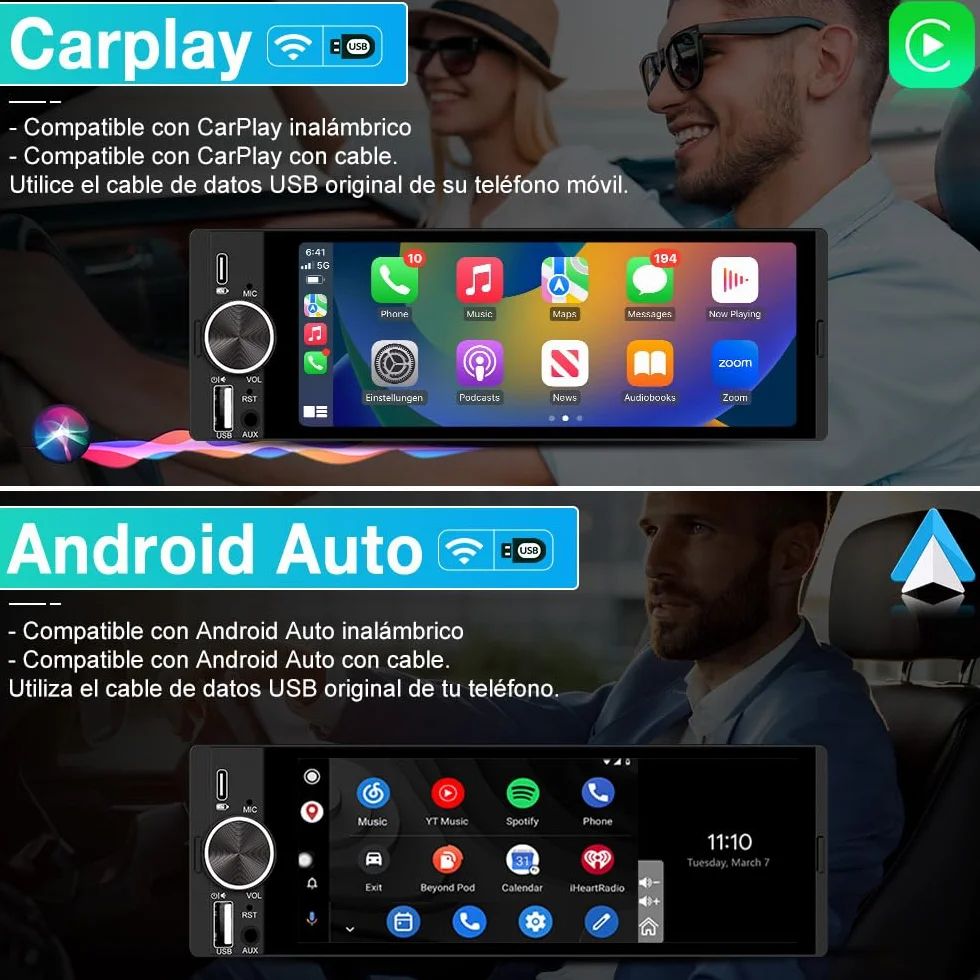 Junsun 1 DIN Radio Coche Universal con 6.36 Pulgadas Pantalla Táctil, con CarPlay/AndroidAuto/Admite Carga Type-C/USB/Micrófono/FM/EQ/WiFi/GPS/Bluetooth 5.0/USB/SWC y Cámara Trasera con Cable 6M