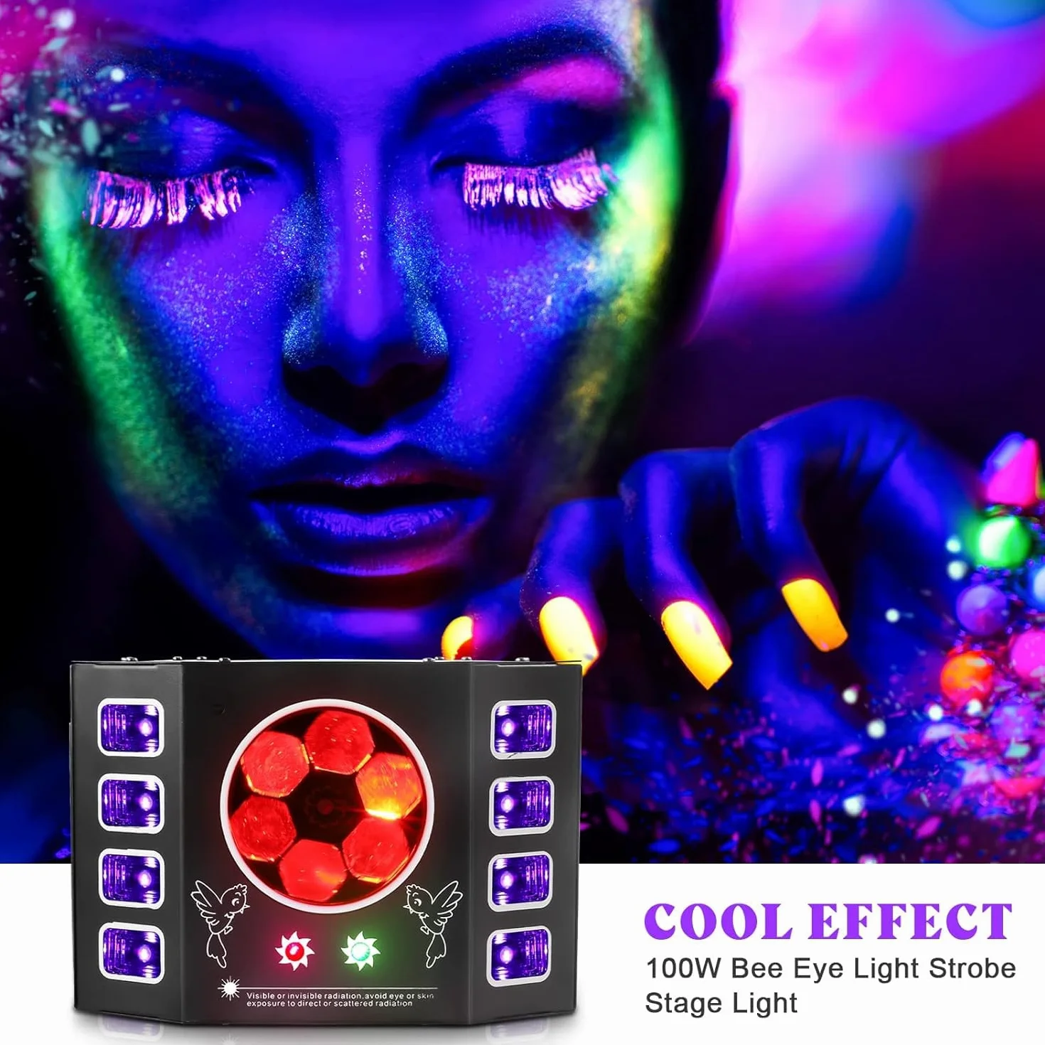 Luce discoteca 100 W, luz de fiesta, ojo de abeja, luz de flash UV, DMX de 14 canales con control de voz, mando a distancia, adecuado para bodas, fiestas de cumpleaños, Halloween, eventos de bar