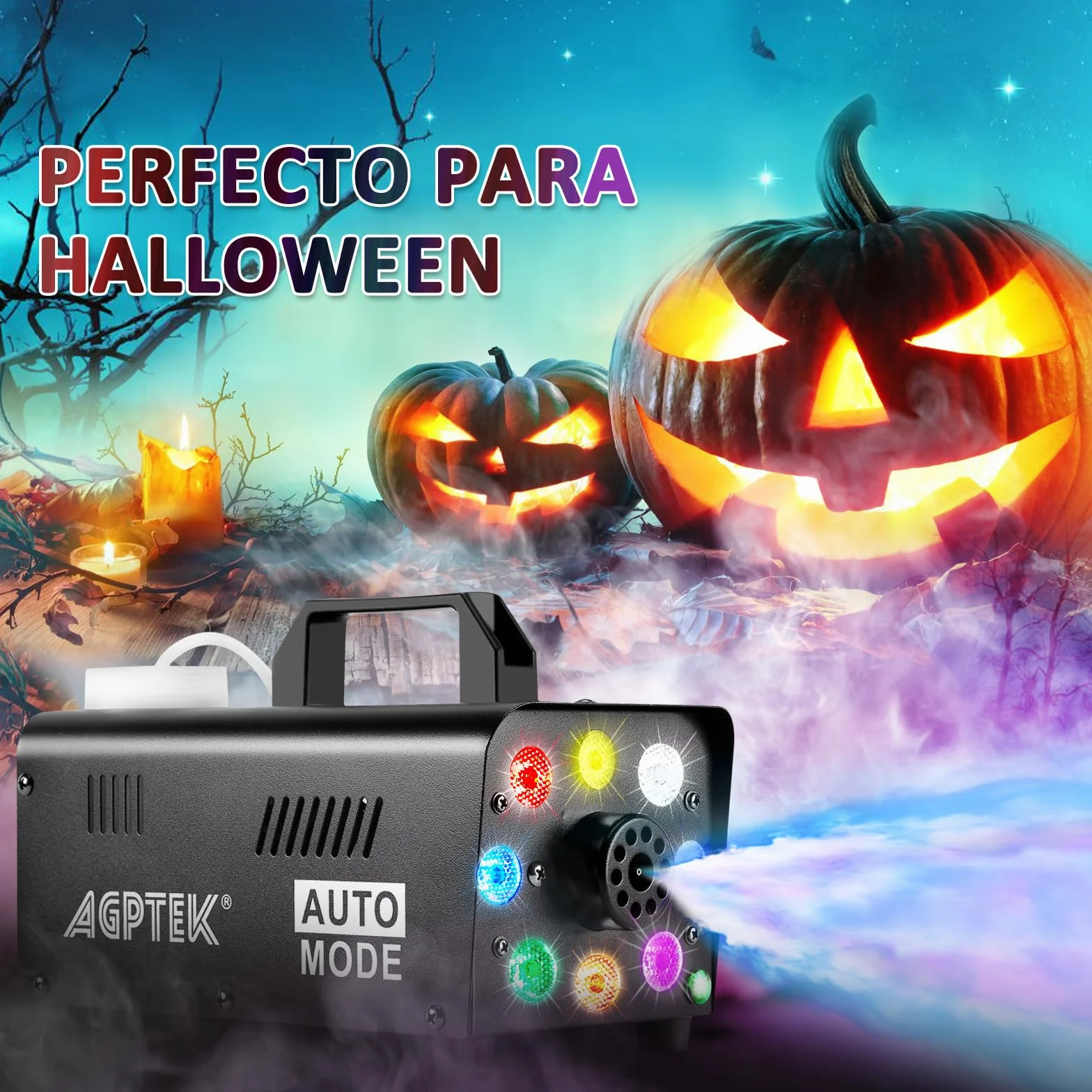 AGPTEK Máquina de humo con mando a distancia inalámbrico y 8 luces LED, estable y portátil, ideal para Halloween, Navidad, bodas, actuaciones en el escenario, etc.