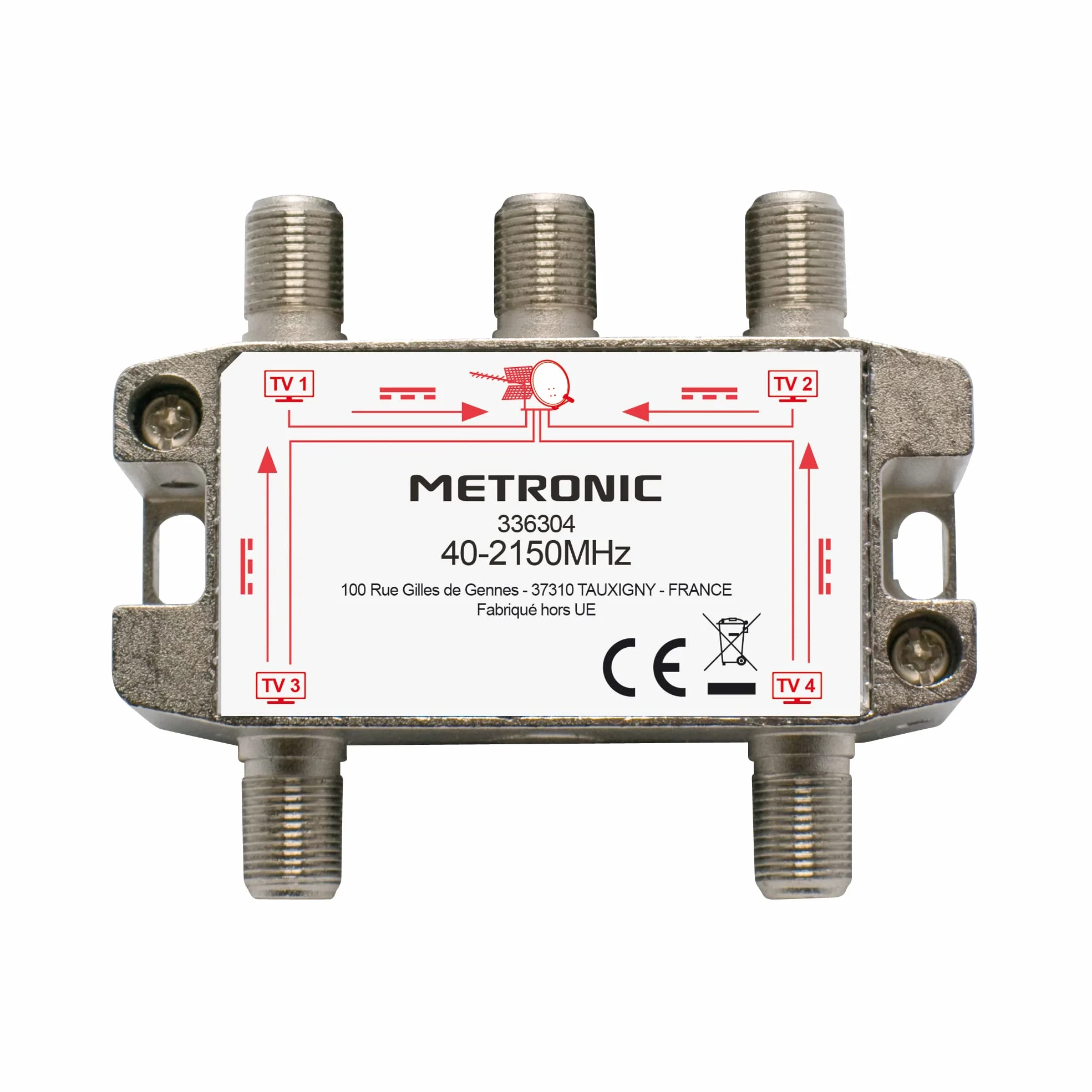 Metronic 336304 - Distribuidor de TV, Divisor coaxial, DVB-T2 y satélite, Divisor Antena TV, blindado, metálico 1 Entrada - 4 Salidas F