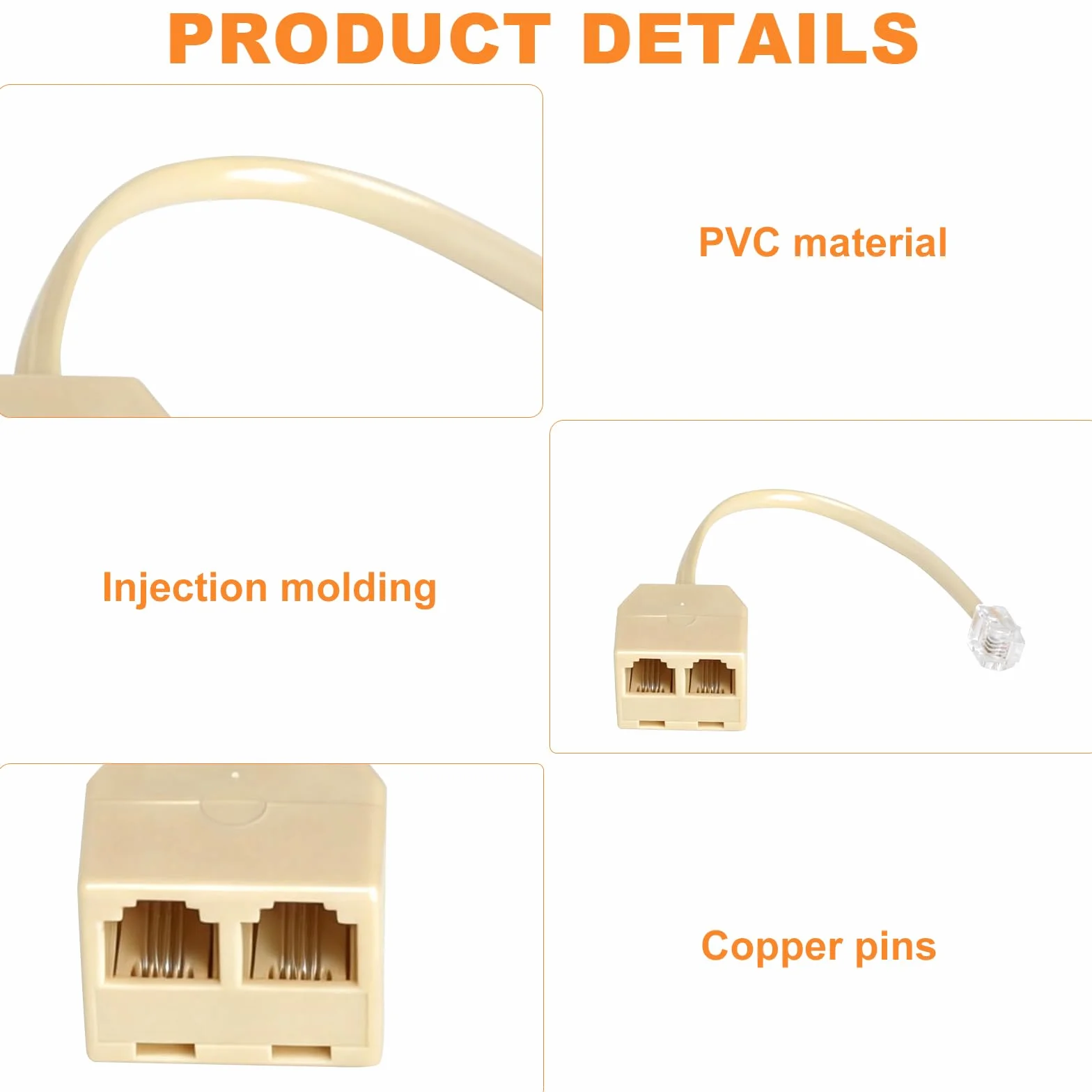 HENGBIRD 2 Piezas Divisor RJ11 para Teléfono Fijo, Adaptador de Teléfono a RJ11 6P4C, 1 Macho a 2 Hembra, Divisor Telefónico Fijo RJ11 para Cable Teléfono Fijo, Fax y Teléfono, Beige