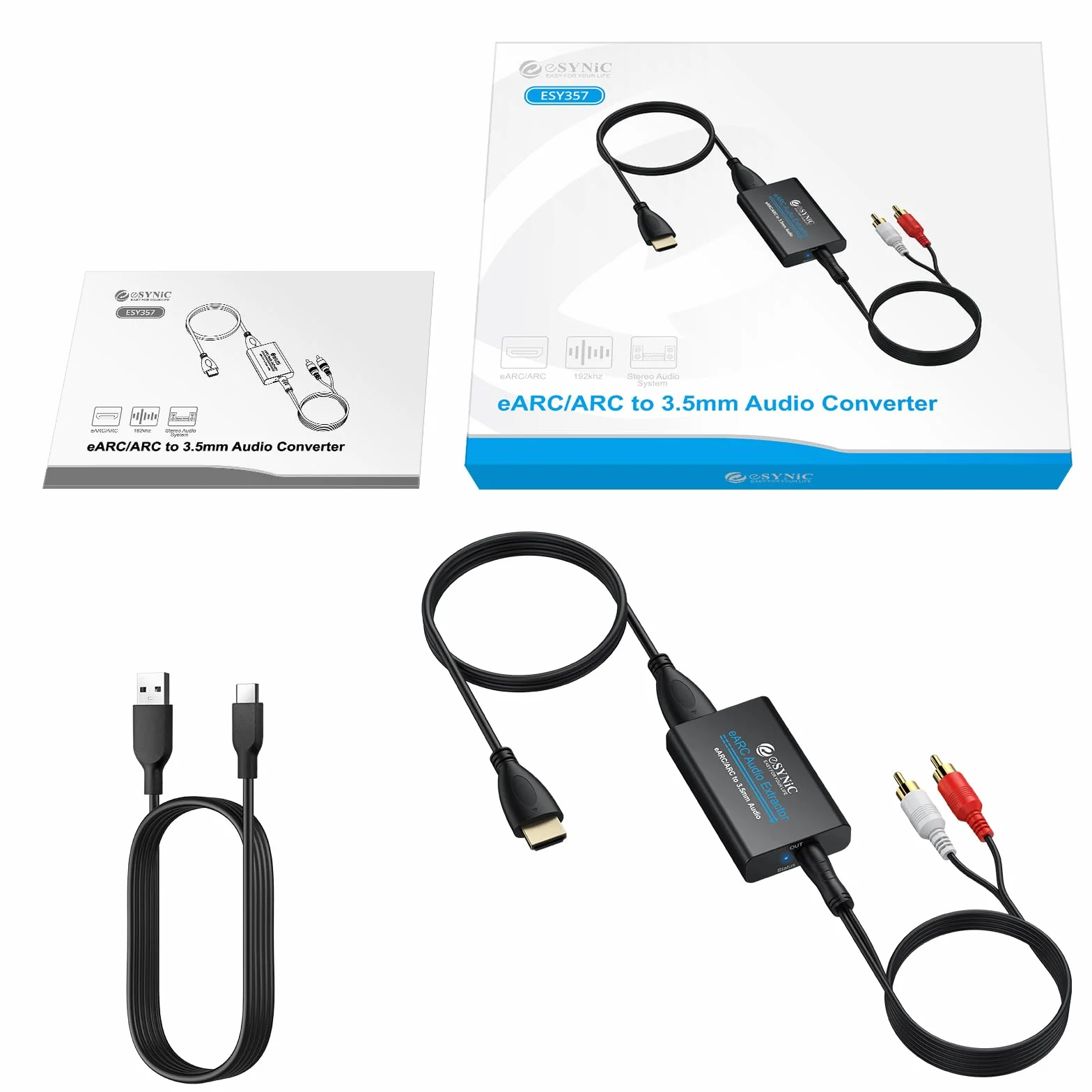eSynic Extractor de Audio eARC ARC Adaptador HDMI ARC a Jack 3.5mm Convertidor de Audio PCM Estéreo para TV Compatible con Auriculares con Cable Altavoces Activos y Sistemas de Sonido 3.5mm