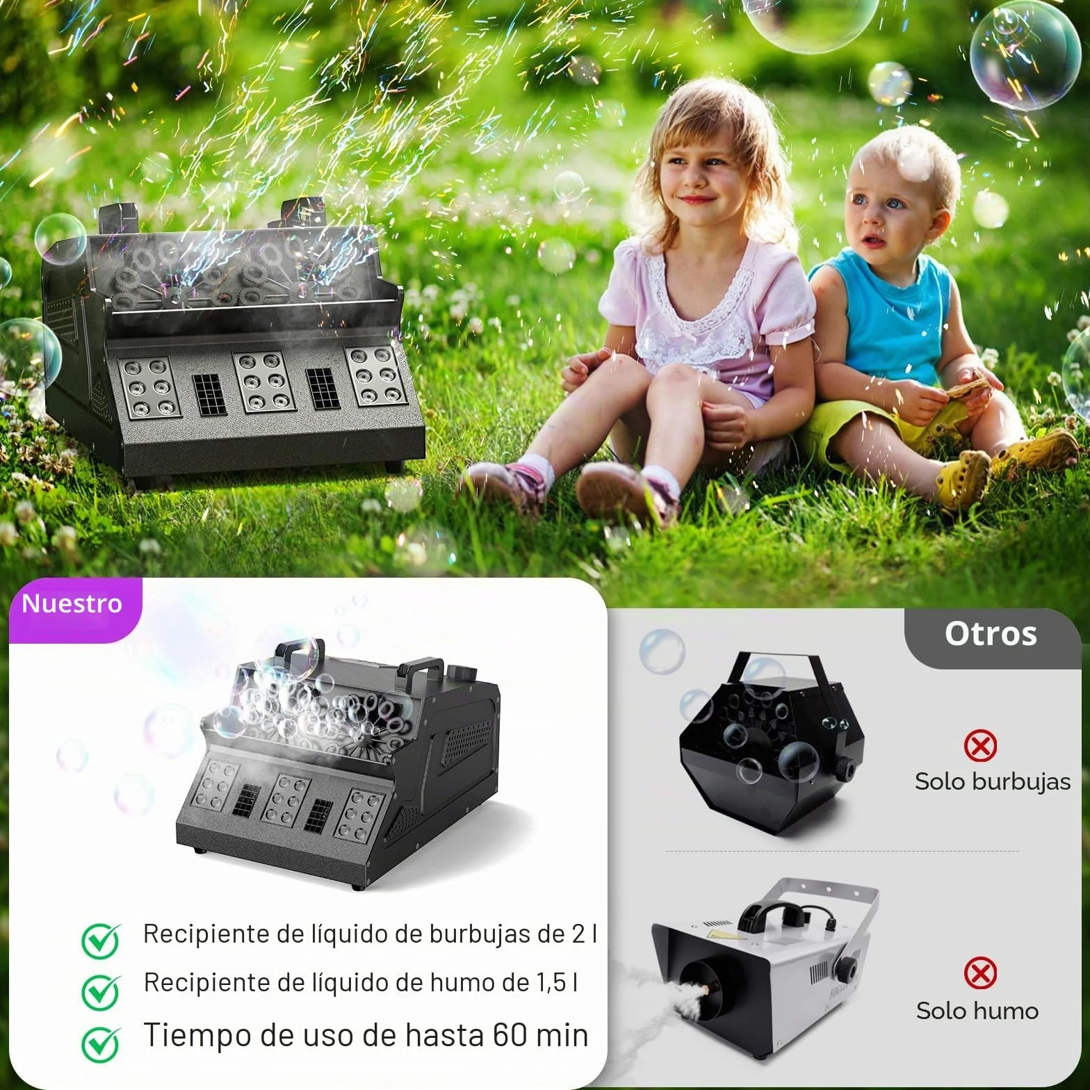 máquina de humo, máquina de burbuja, máquina de humo de fiesta de 1500 W con mando a distancia, control DMX, adecuada para fiestas, cumpleaños, jardines, Halloween, Navidad