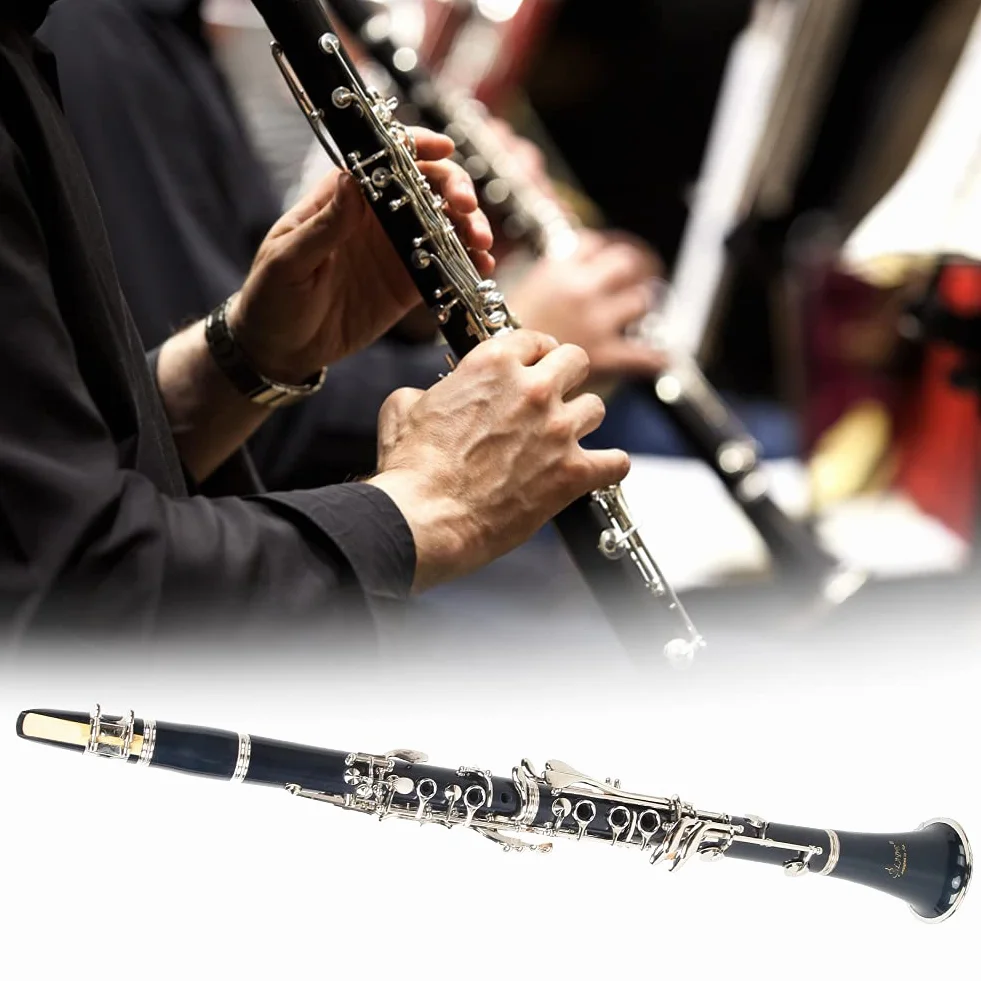 Clarinete de Baquelita de Tono BB de 17 Teclas con Botón de Niquelado Antioxidante Tamaño Compacto Y Extraíble Diseño de Apertura Preciso Adecuado para Estudiantes Principiantes (Azul)