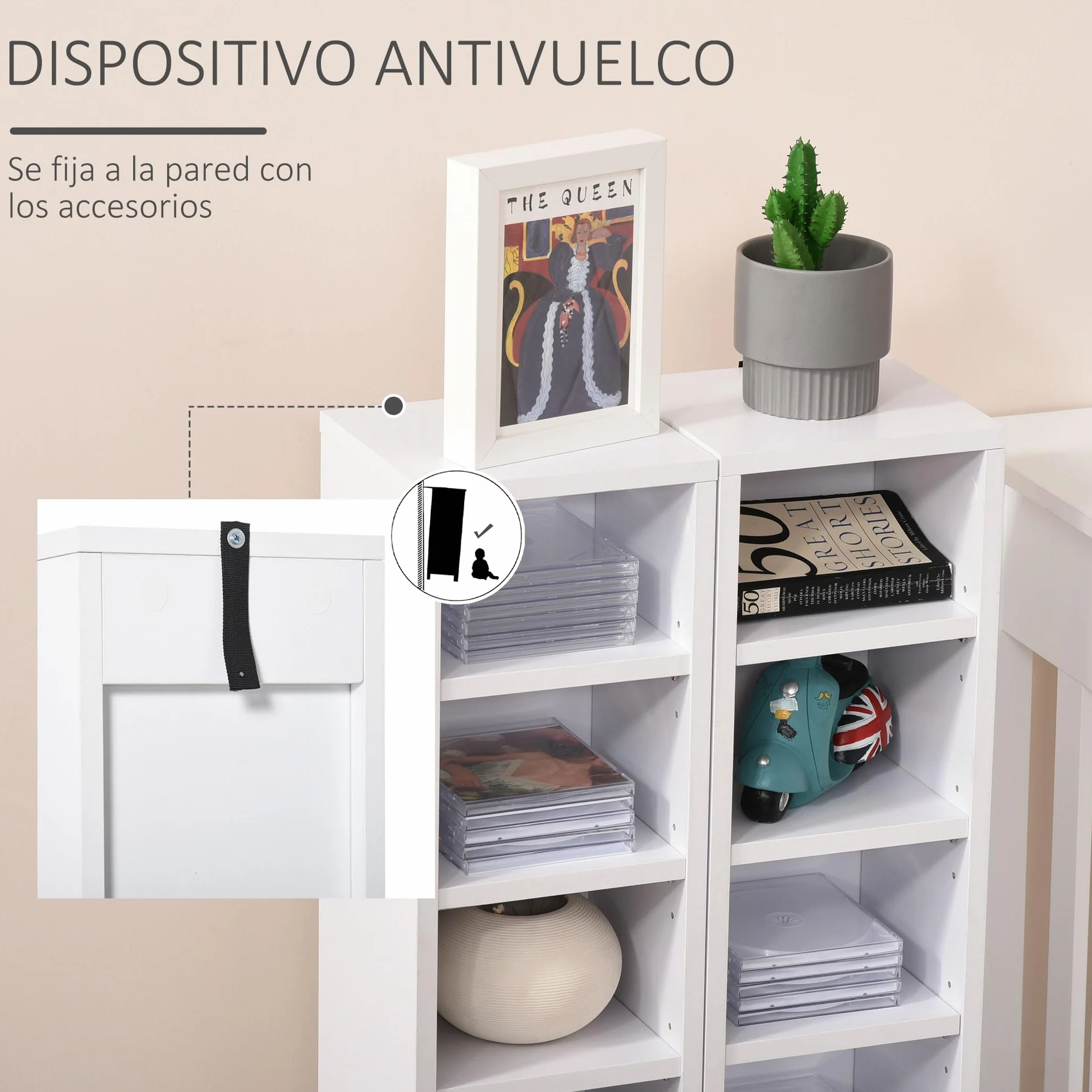 HOMCOM Set de 2 Estanterías para CDs y DVDs, Soportes para CD Estrechos con 12 Compartimentos, Estantes Ajustables, Estanterías para Salón, Oficina, 21x22,5x88,5 cm, Blanco