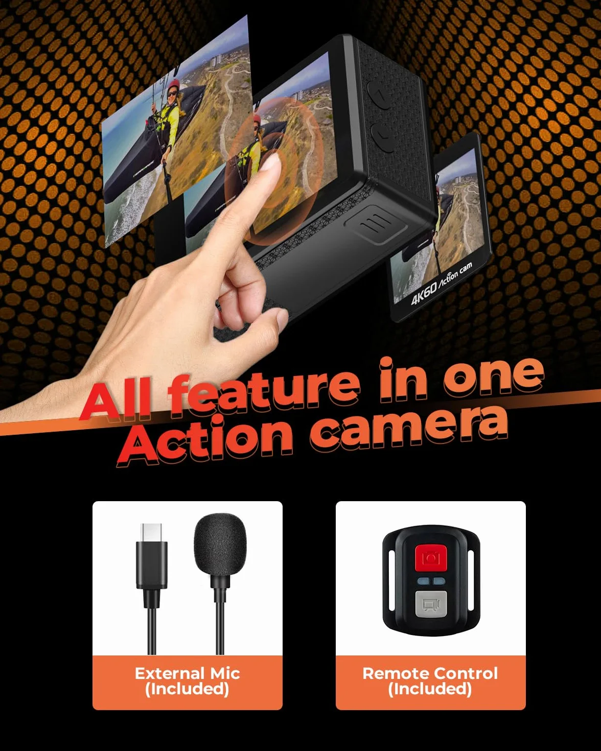 Cámara Deportiva 4K 60FPS con 64GB Tarjeta SD, 131FT Acuática, 24MP HD, 8X Zoom WiFi, 2x1350mAh Baterías