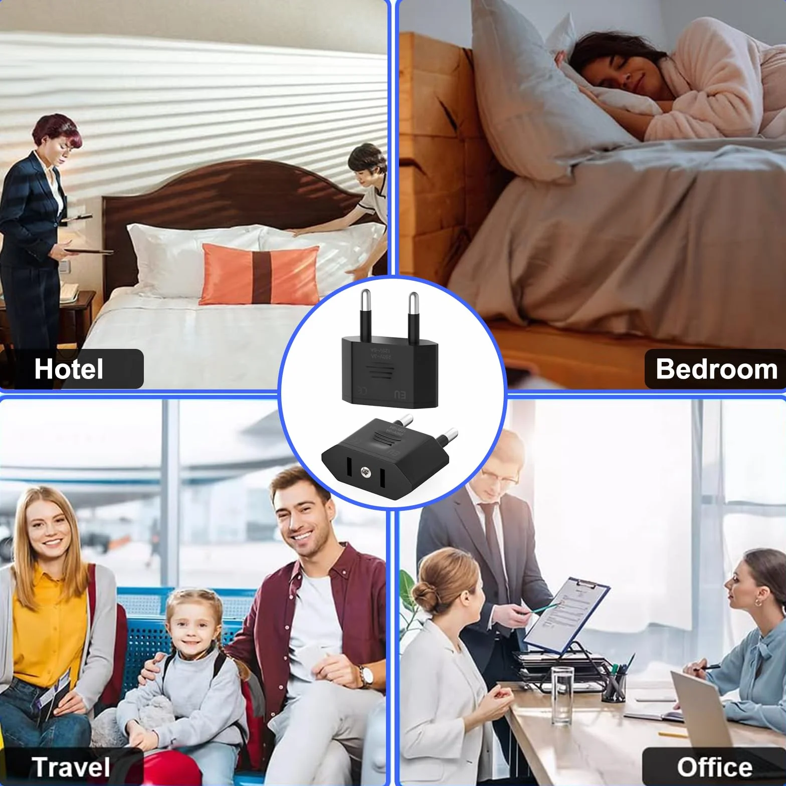 Adaptador Enchufe Americano a Europeo 4 Piezas, USA a España, Negro Compacto Viaje