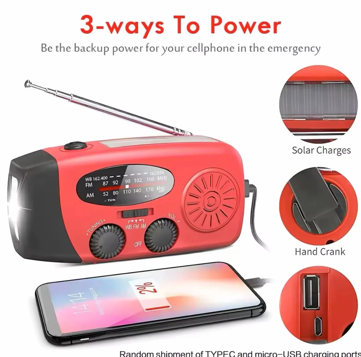 Radio Solar de Emergencia con Manivela Dinamo AM/FM/NOAA, Cargador 2000mAh, Alarma SOS