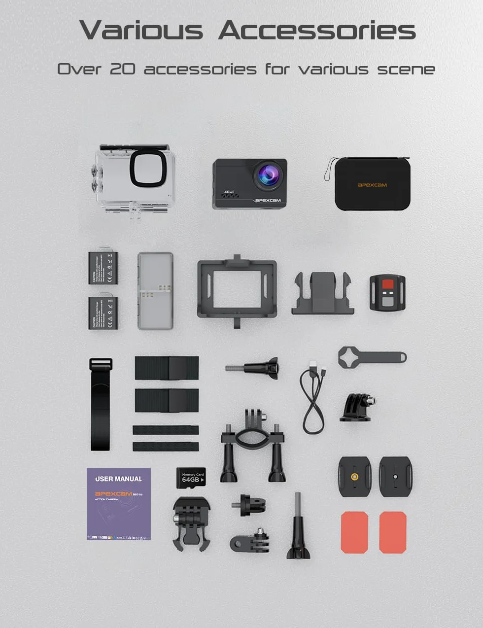 Apexcam Cámara Deportiva 4K WiFi Impermeable 40M Action Camera con Tarjeta 64GB y 2 Baterías 1350mAh