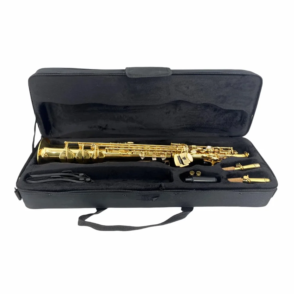 Saxofón soprano recto Bb, acabado lacado dorado, diseño ergonómico con funda, boquilla, correa para el cuello y accesorios, ideal para principiantes y jugadores avanzados